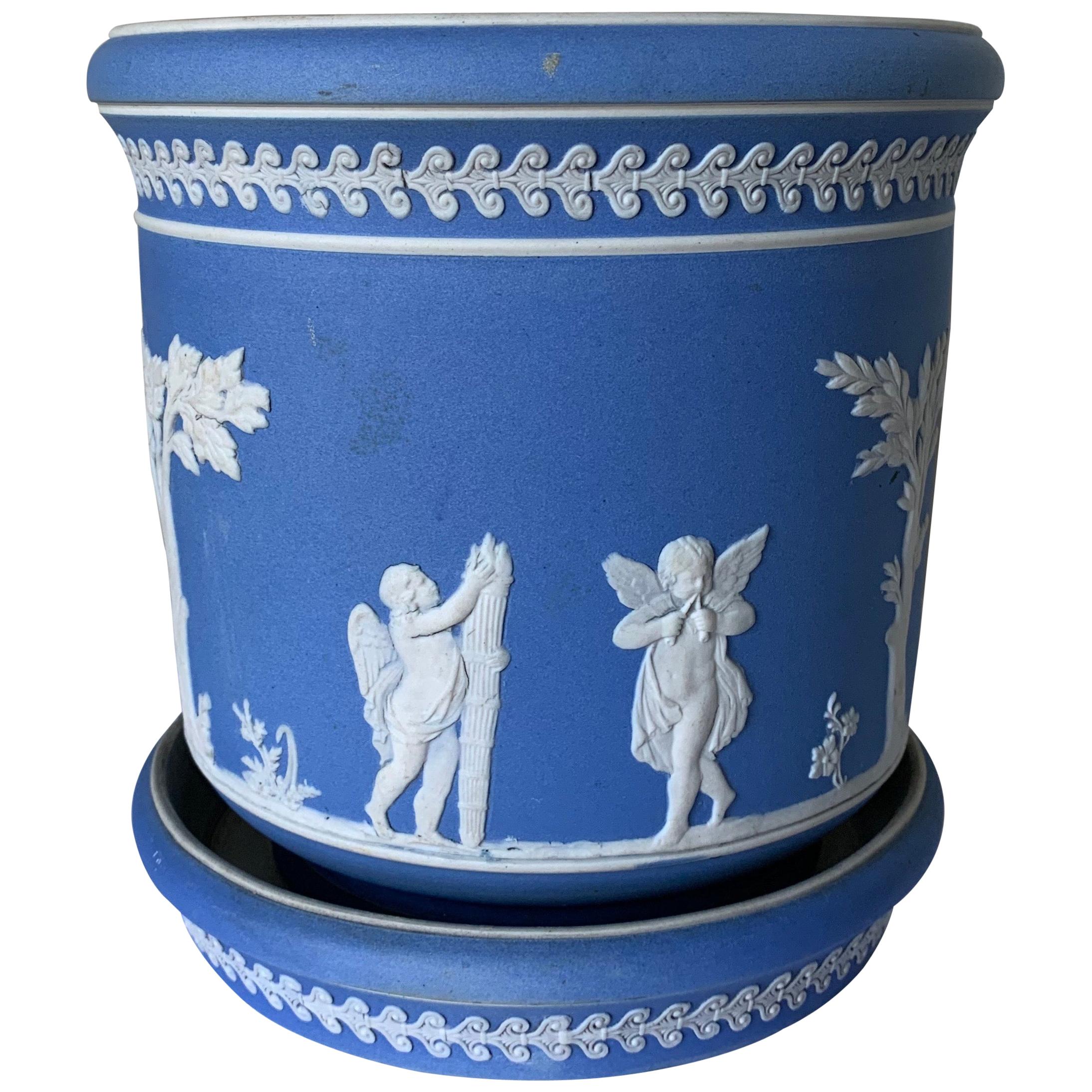 English Dudson Jasperware Blue and White Two-Piece Pot