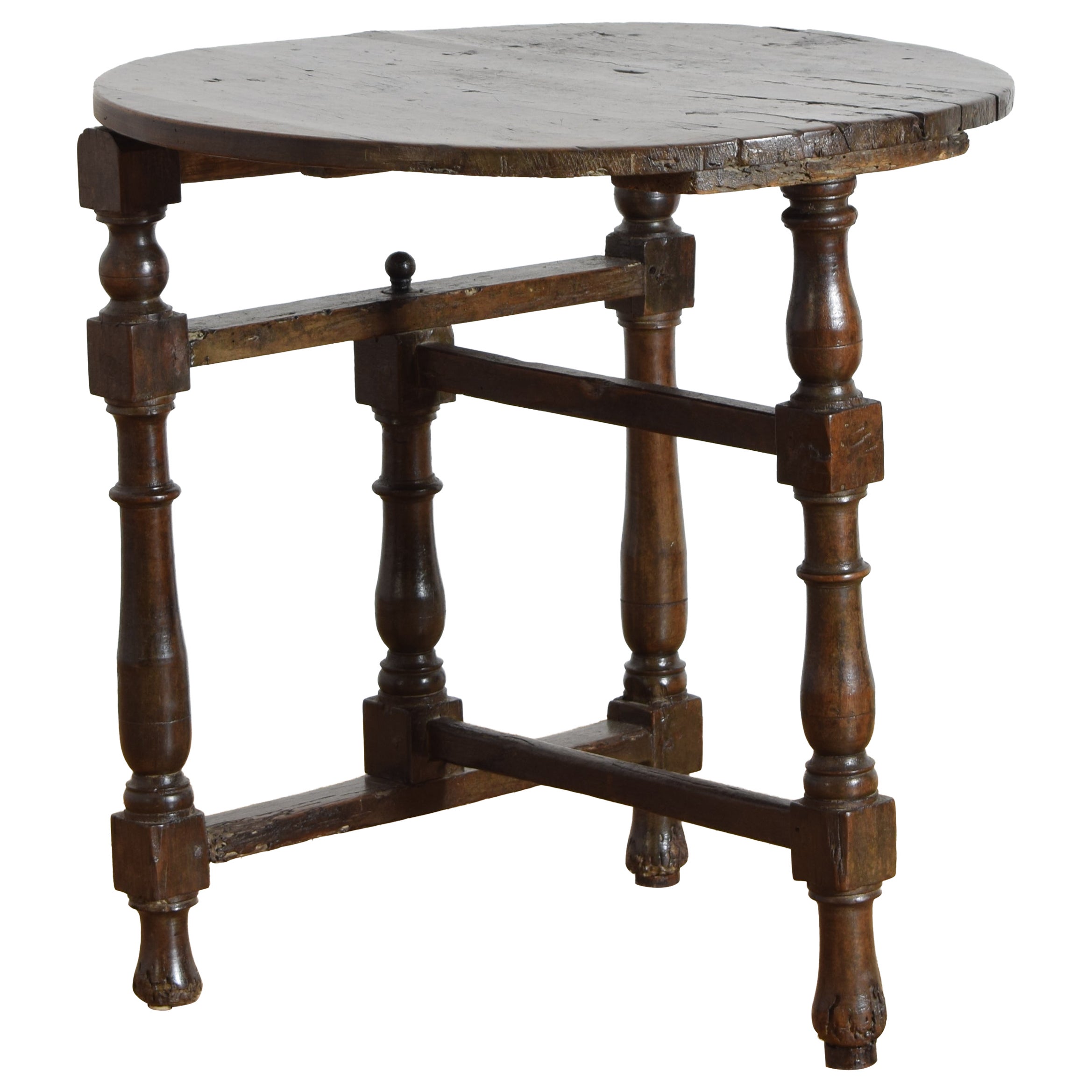 English Early 18th century Rustic Round Turned Walnut Folding Travel Table For Sale