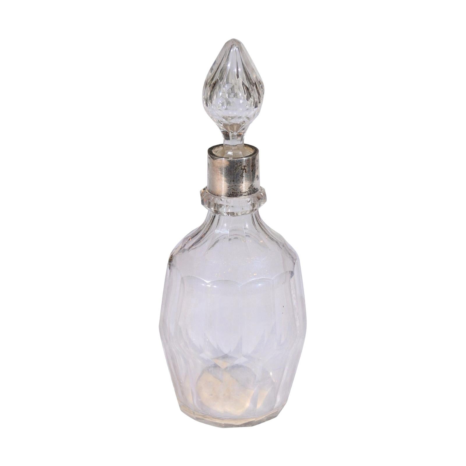 English Early 19th Century Crystal Toiletry Bottle with Stopper and Silver Neck For Sale