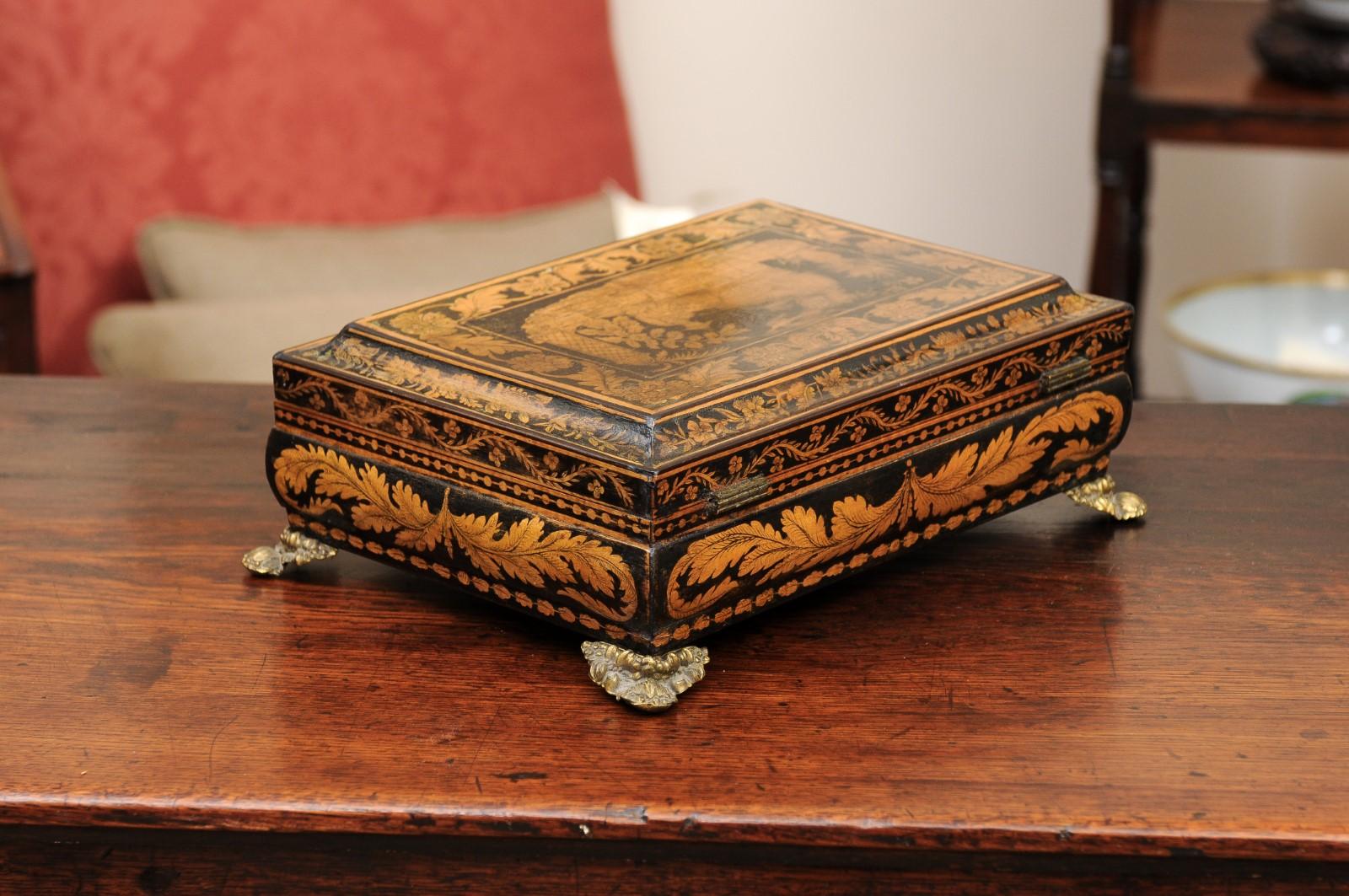 English Early 19th Century Penwork Box with Chinoiserie Decoration For Sale 8