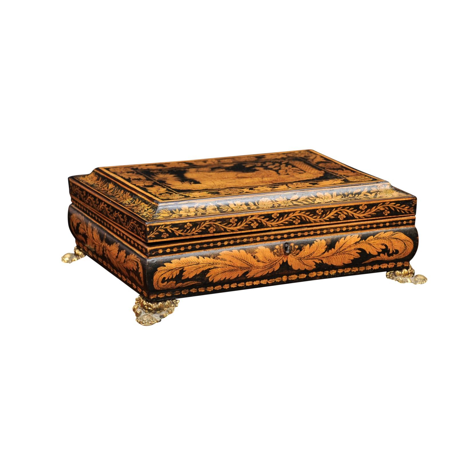 English Early 19th Century Penwork Box with Chinoiserie Decoration In Good Condition For Sale In Atlanta, GA