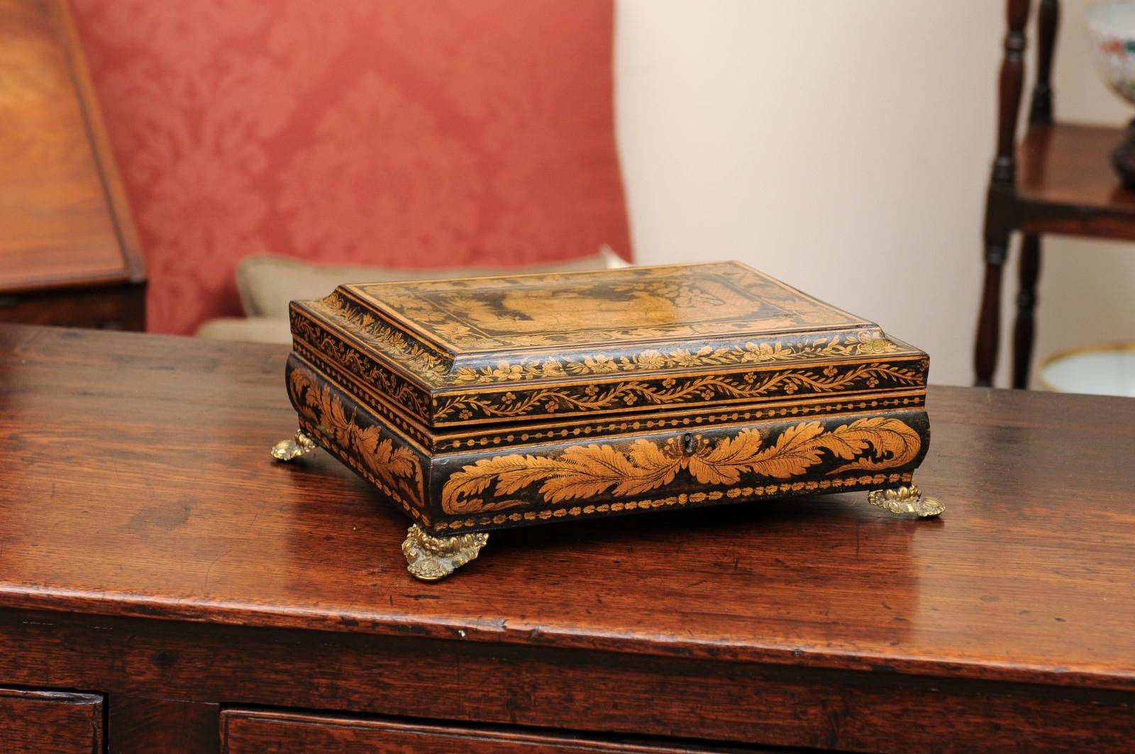 Wood English Early 19th Century Penwork Box with Chinoiserie Decoration For Sale