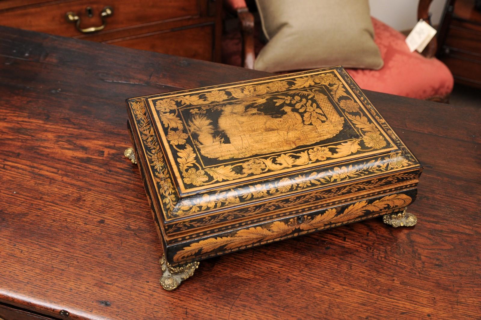 English Early 19th Century Penwork Box with Chinoiserie Decoration For Sale 2