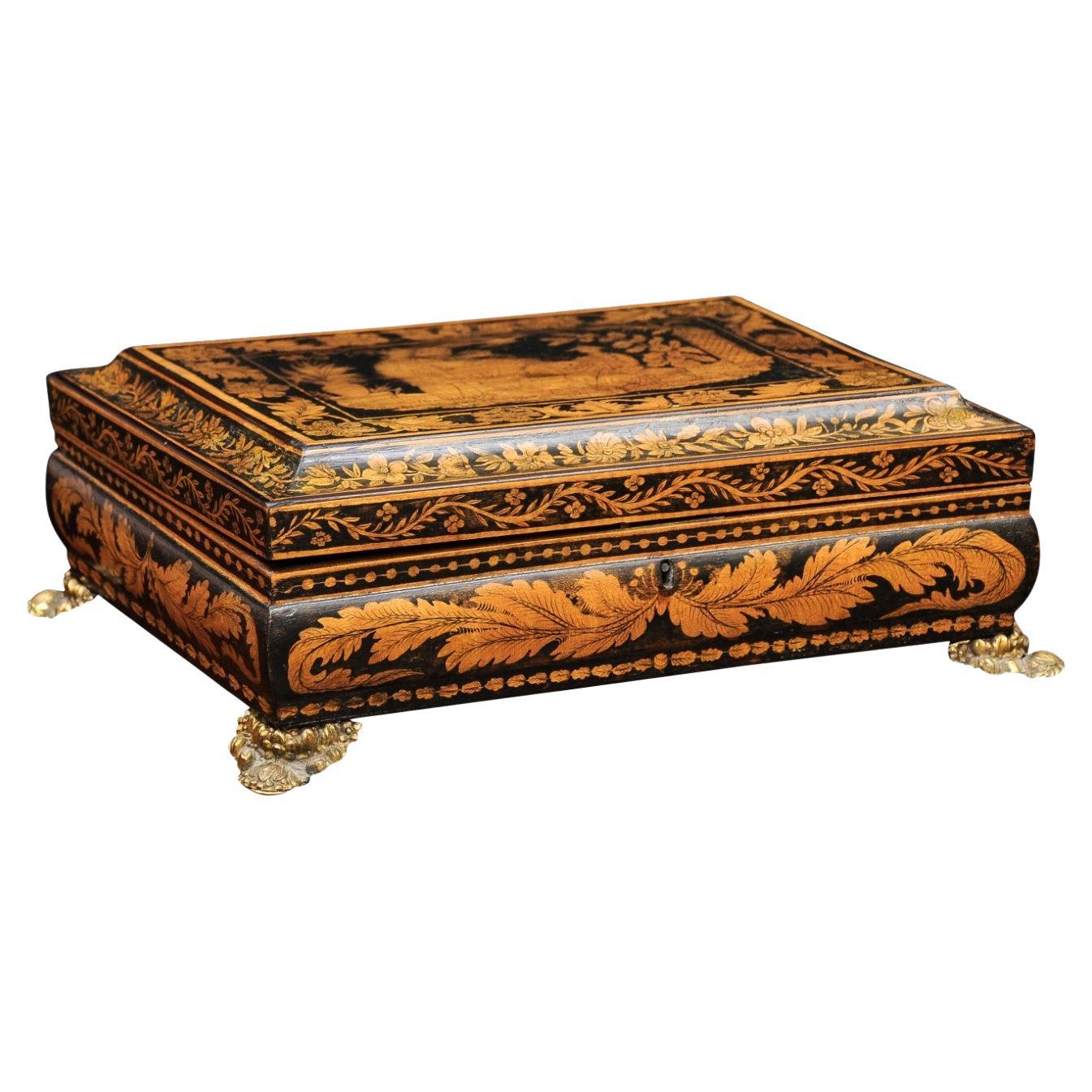 English Early 19th Century Penwork Box with Chinoiserie Decoration For Sale