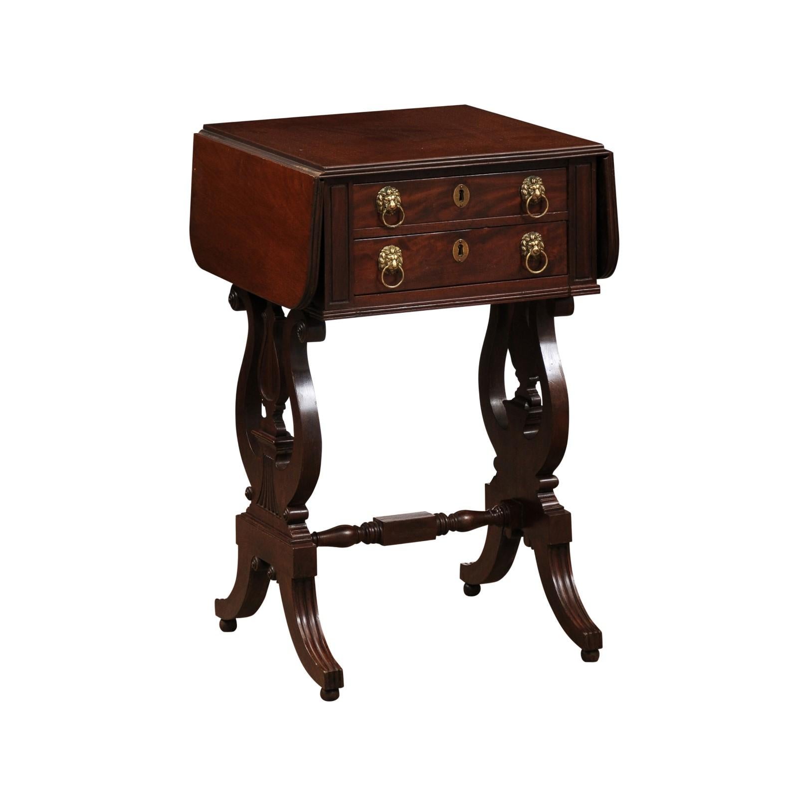 English Early 19th Century Regency Mahogany Drop Leaf Sewing Side Table with 2 Drawers, Lyre Splayed Legs & Stretcher