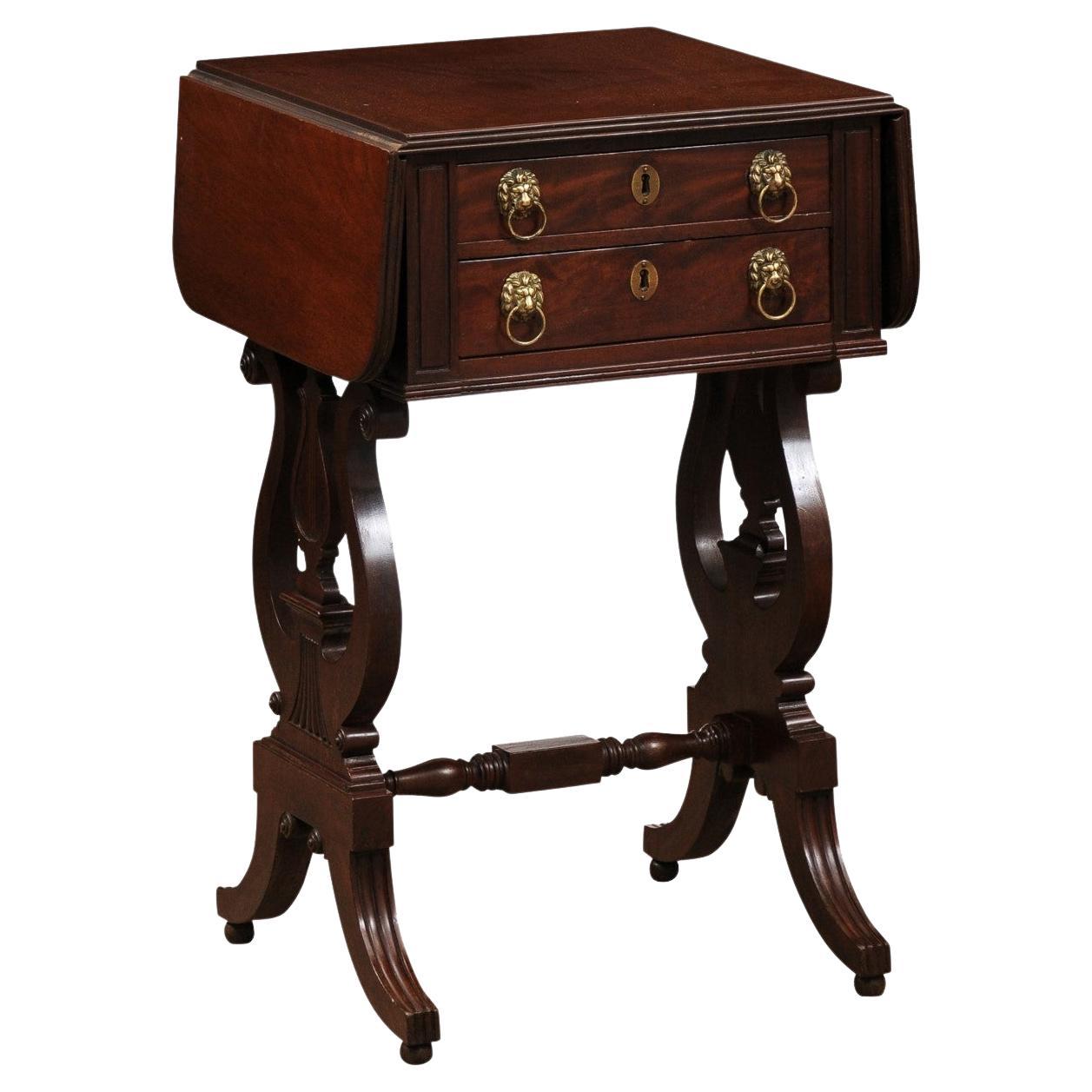 English Early 19th Century Regency Mahogany Drop Leaf Sewing Side Table 