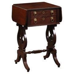 English Early 19th Century Regency Mahogany Drop Leaf Sewing Side Table 