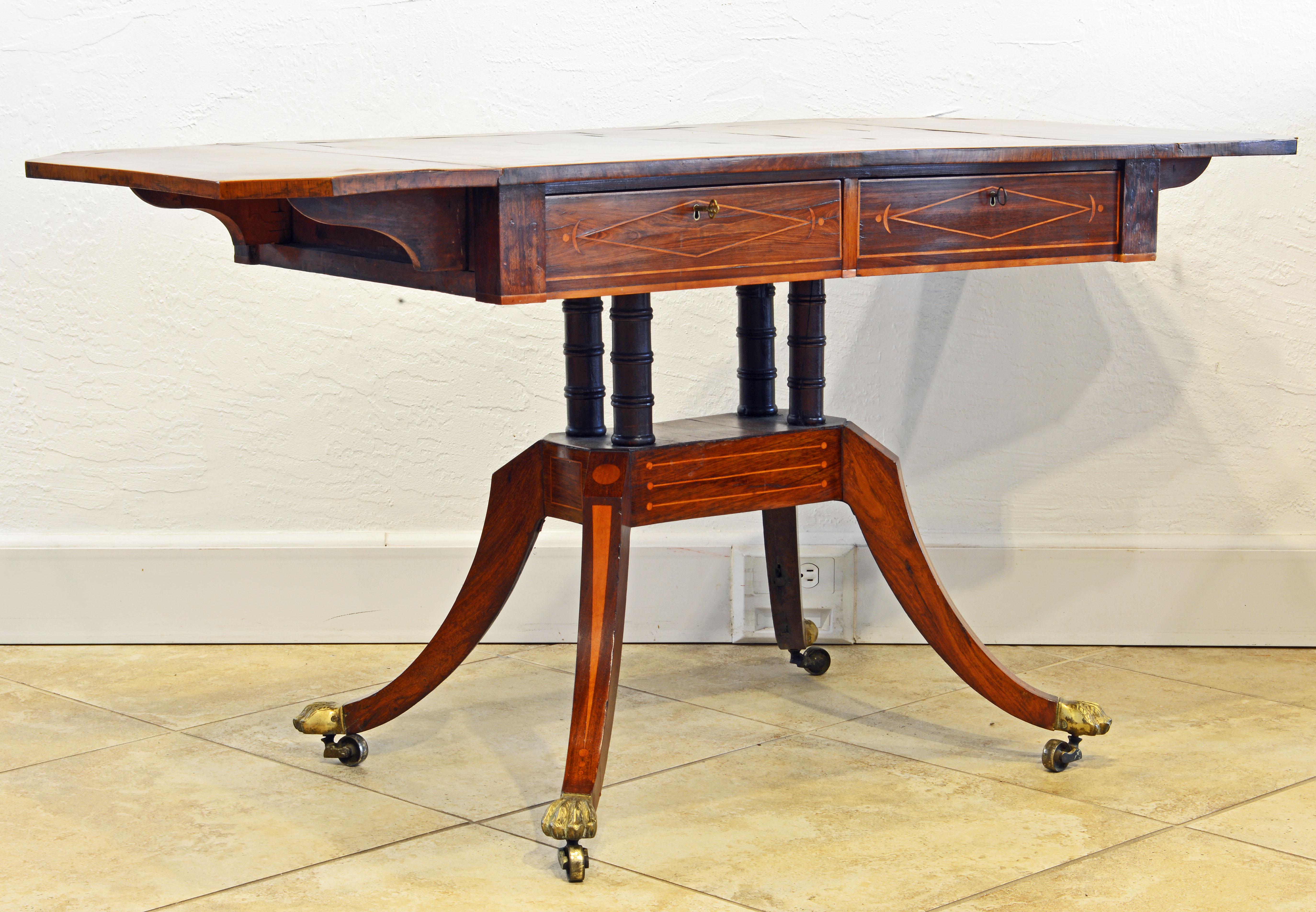 English Early 19th Century Regency Rose Wood and Satinwood Inlay Sofa Table In Good Condition In Ft. Lauderdale, FL