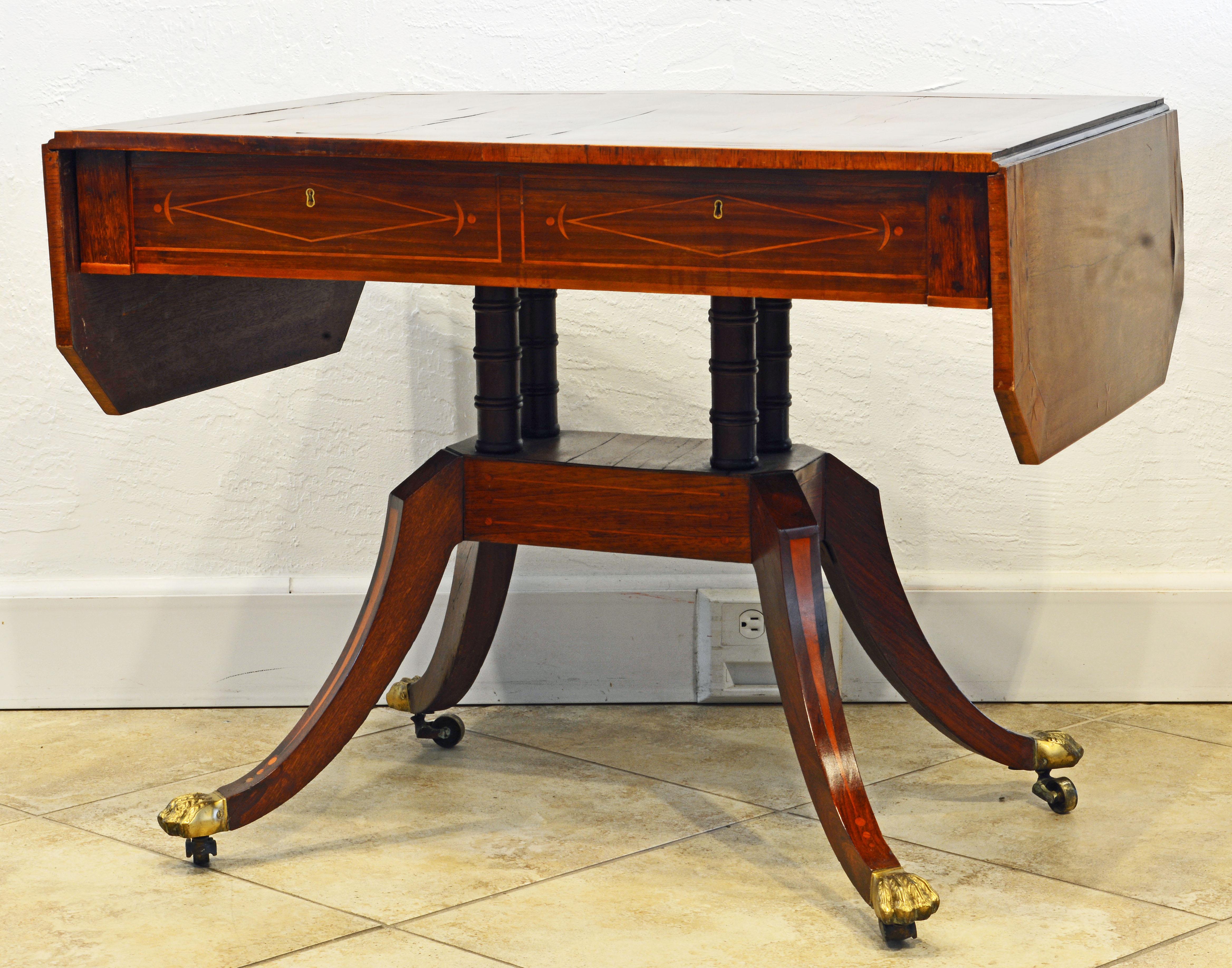 Brass English Early 19th Century Regency Rose Wood and Satinwood Inlay Sofa Table