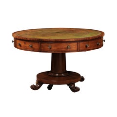 English Early 19th Century Rotating Mahogany Drum Table with Green Leather Top