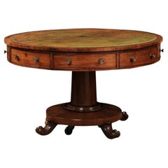 Antique English Early 19th Century Rotating Mahogany Drum Table with Green Leather Top