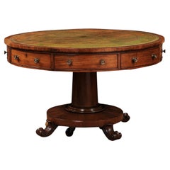 Antique English Early 19th Century Rotating Mahogany Drum Table with Green Leather Top 