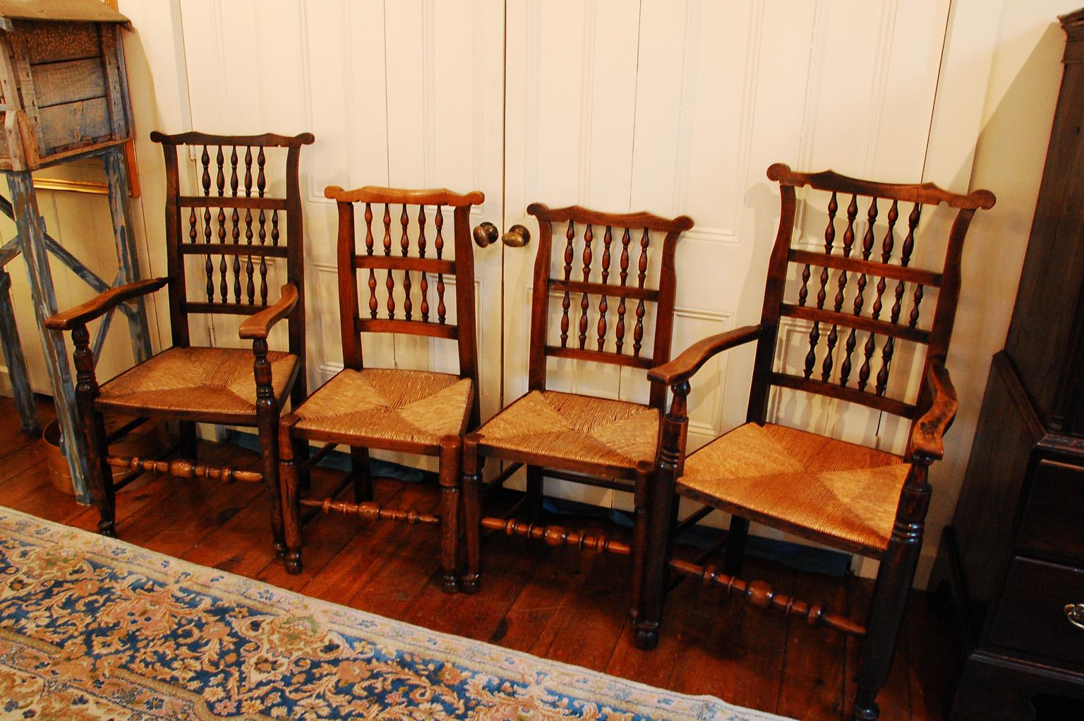 Country English Early 19th Century Set of Eight Spindleback Dining Chairs with Two Arms