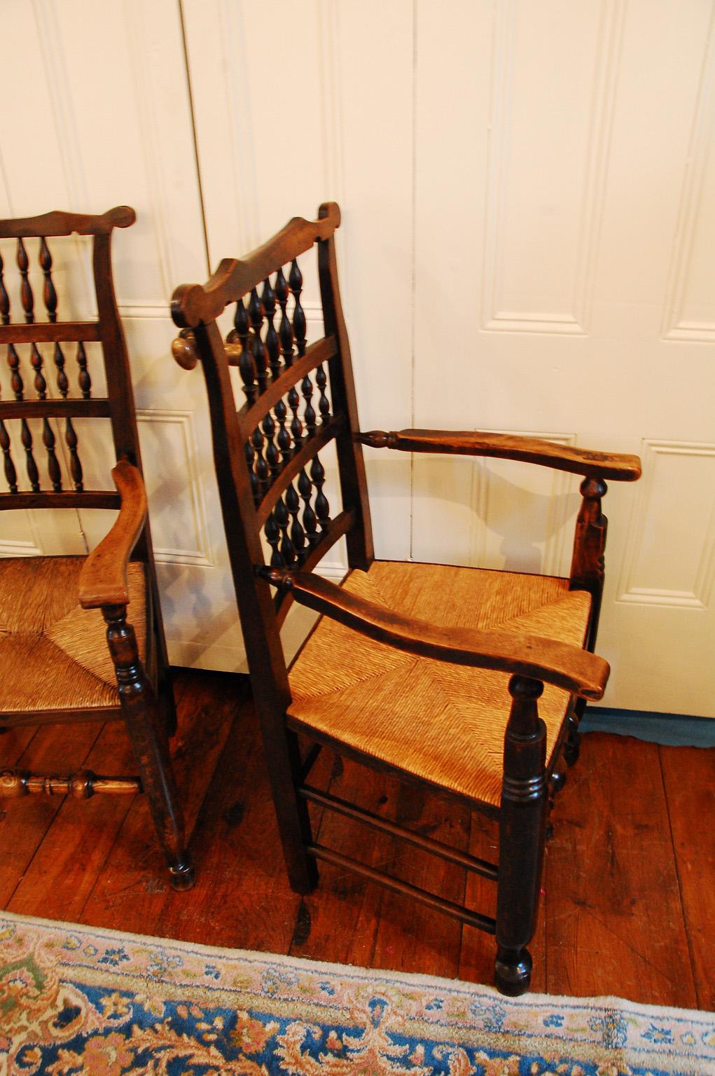 Rush English Early 19th Century Set of Eight Spindleback Dining Chairs with Two Arms