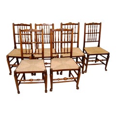 Antique English Early 19th Century Set of Six Fan Back Spindleback Sidechairs Rush Seats
