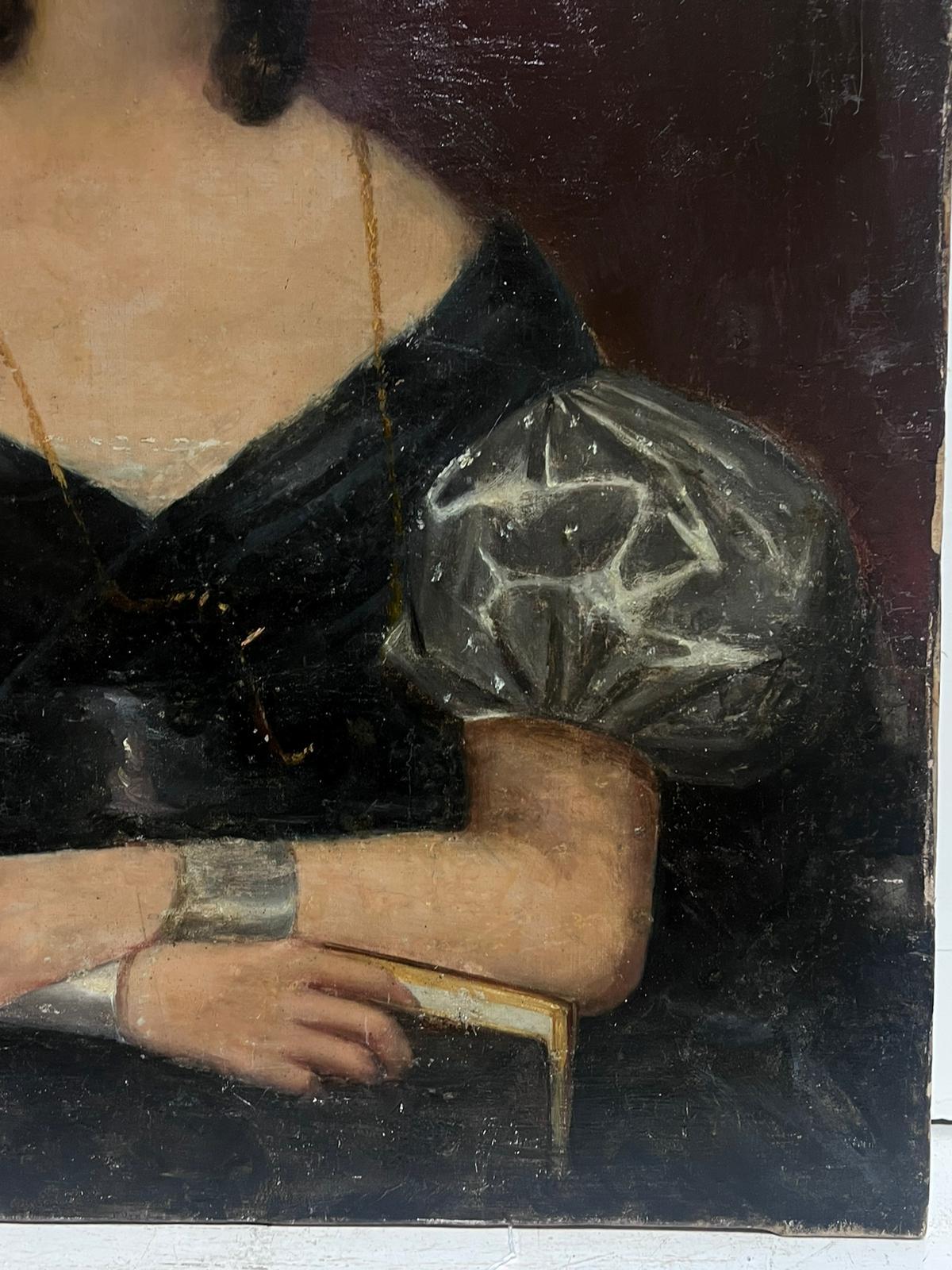 Antique English Portrait of Georgian Lady circa 1820/30 period Large Oil Canvas - Victorian Painting by English early 19th