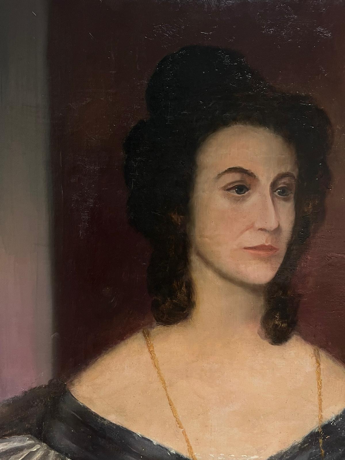 Antique English Portrait of Georgian Lady circa 1820/30 period Large Oil Canvas - Black Figurative Painting by English early 19th