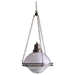 English Large Holophane Prismatic Glass and Bronze Chandelier Light Lantern