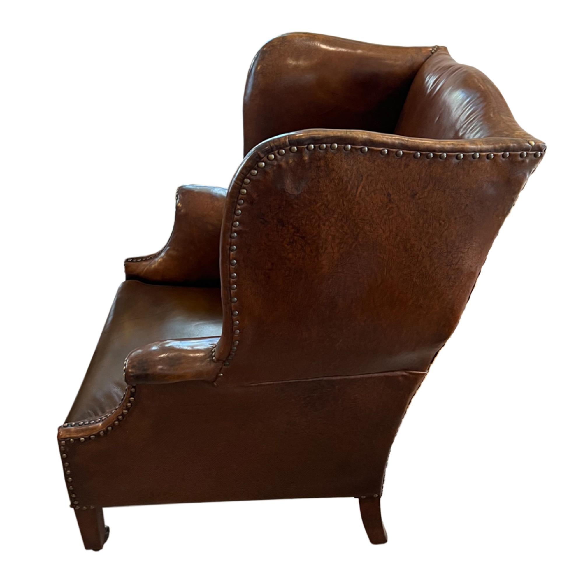 Edwardian English Early 20th Century Leather Wing Chair For Sale