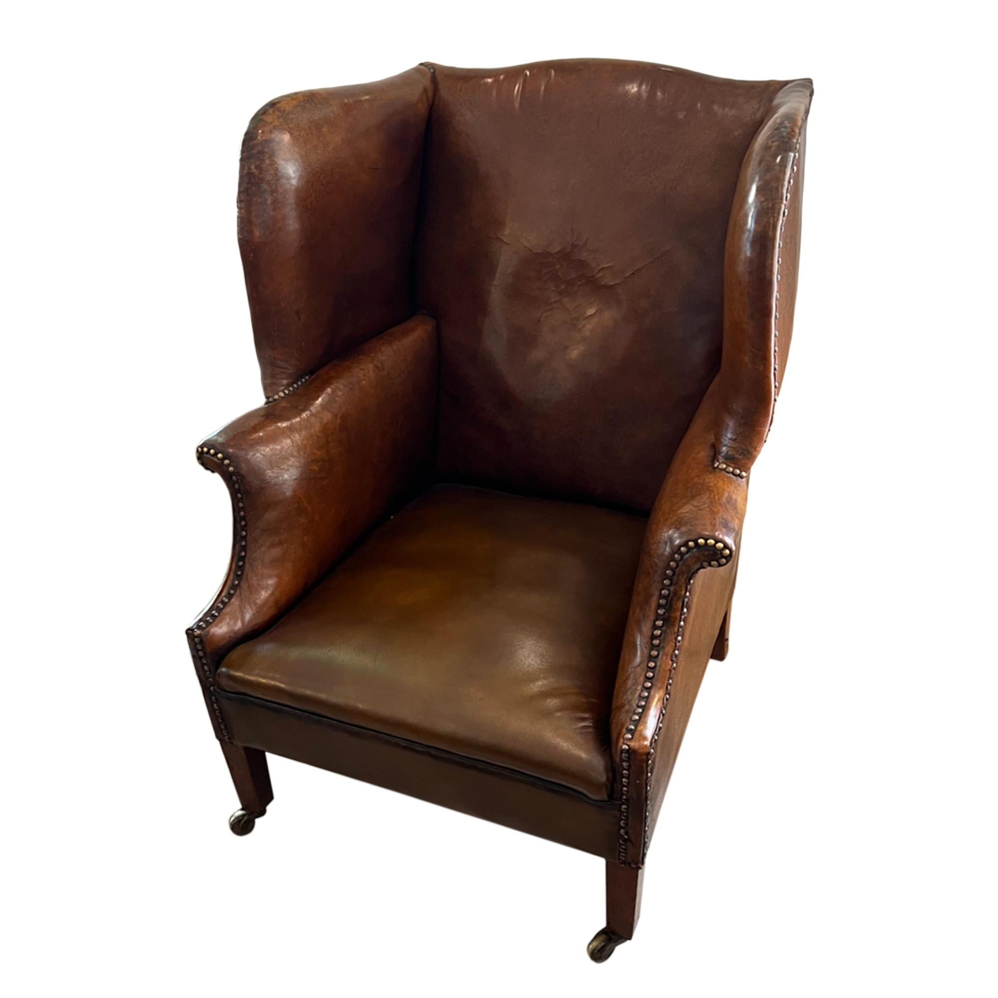 Brass English Early 20th Century Leather Wing Chair For Sale