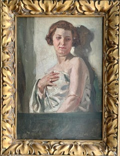 Early 20th century English Portrait of a woman holding a sheet over herself