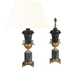English Early 20th Century Serpentine Marble Lamps with Gilt Bronze Mounts, Pair