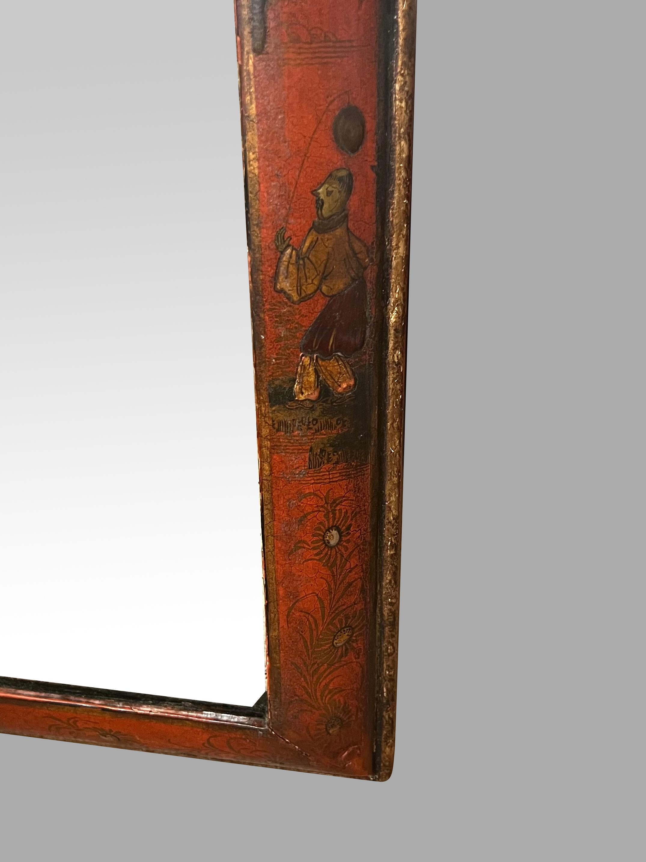 Glass English Early Georgian Red Japanned Pier Mirror with Original Beveled Plate For Sale