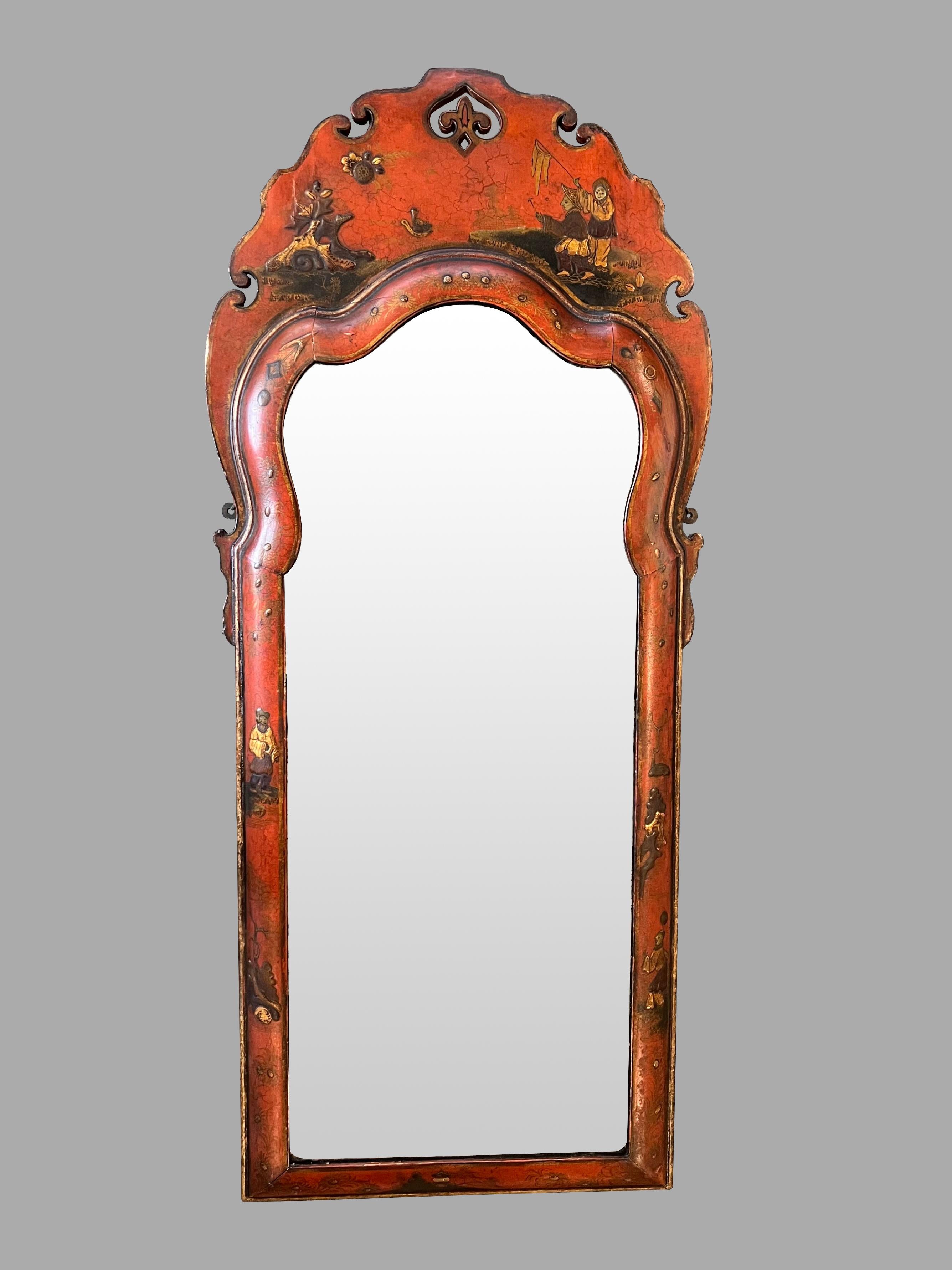 English Early Georgian Red Japanned Pier Mirror with Original Beveled Plate For Sale 2