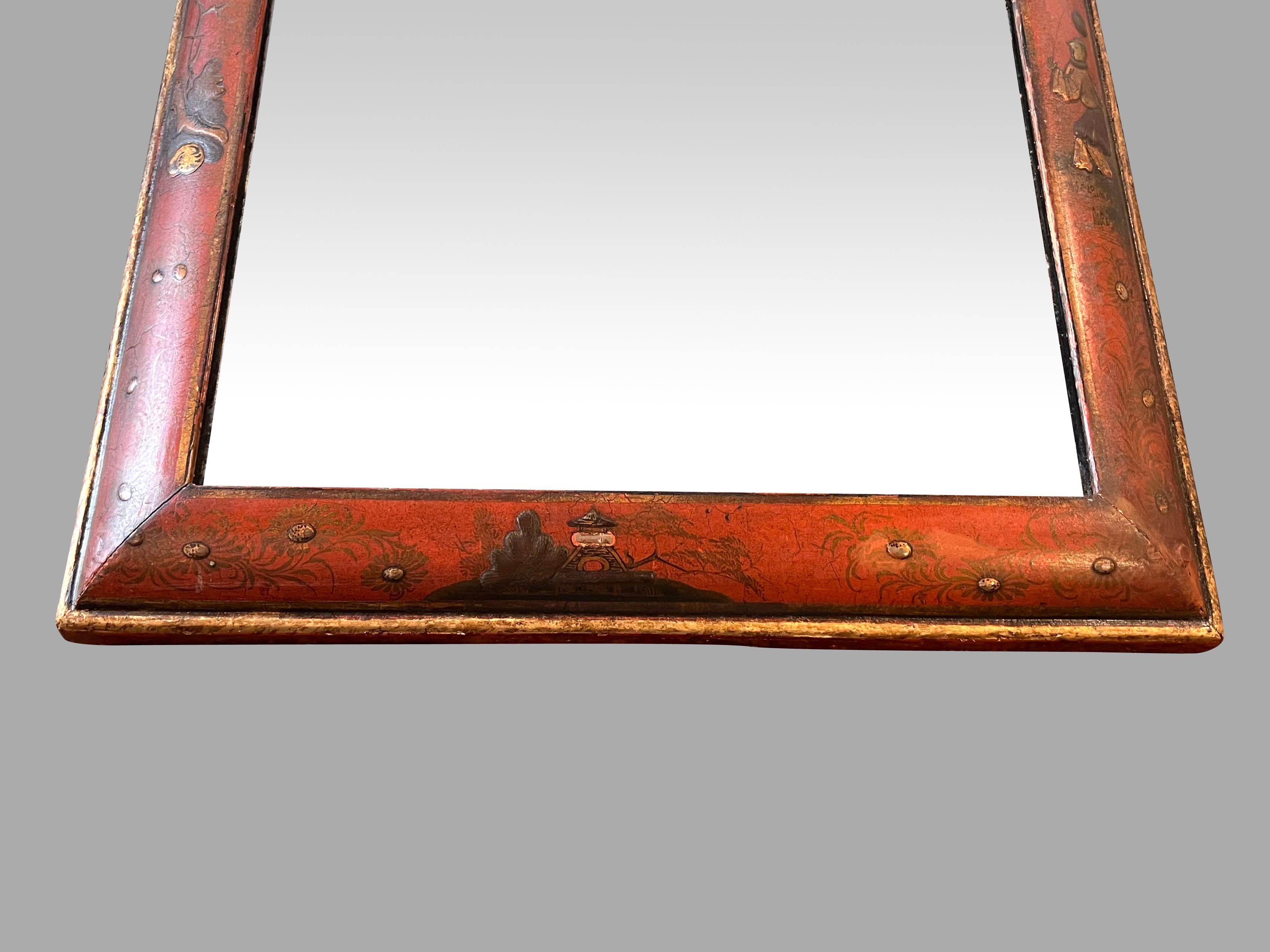 English Early Georgian Red Japanned Pier Mirror with Original Beveled Plate For Sale 3