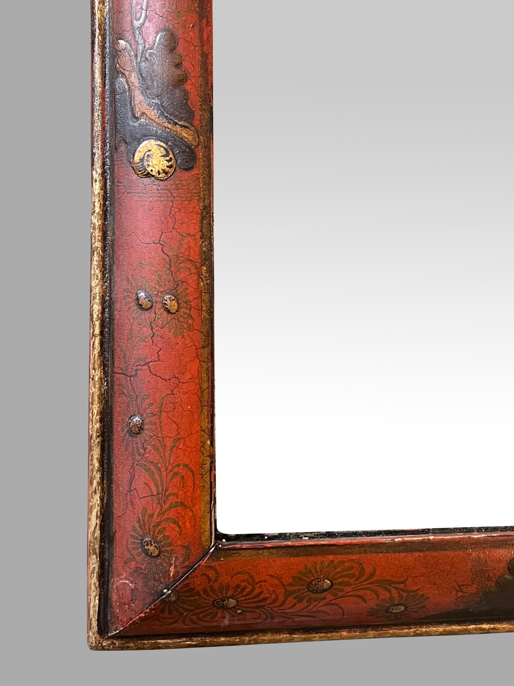 English Early Georgian Red Japanned Pier Mirror with Original Beveled Plate For Sale 4