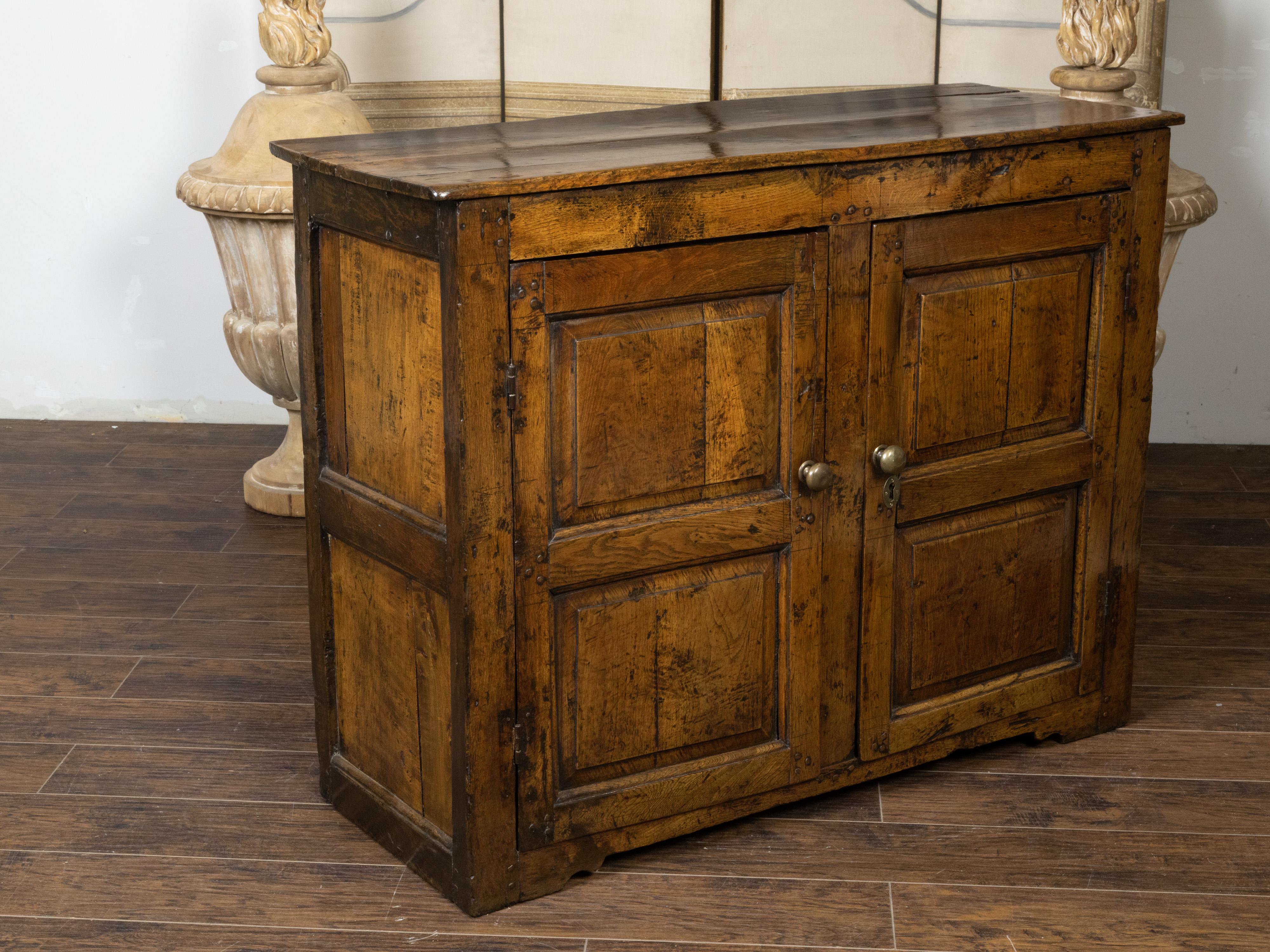 Brass English Early Oak Cupboard with Two Doors and Distressed Patina, 18th Century For Sale
