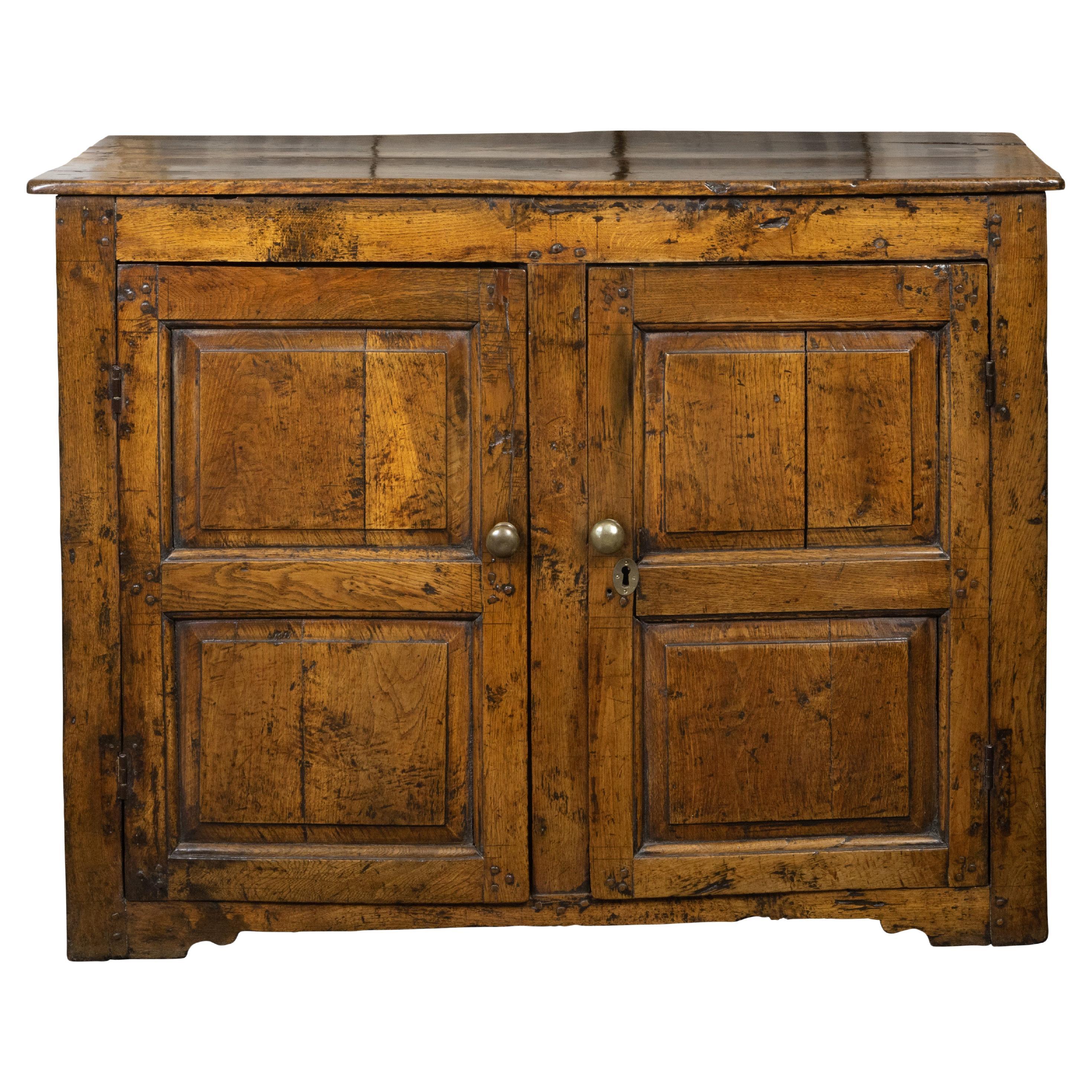 English Early Oak Cupboard with Two Doors and Distressed Patina, 18th Century For Sale