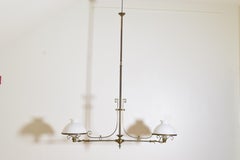 Gasolier de billard anglais du début de l'ère victorienne en laiton et verre à 2 lumières, vers 1860