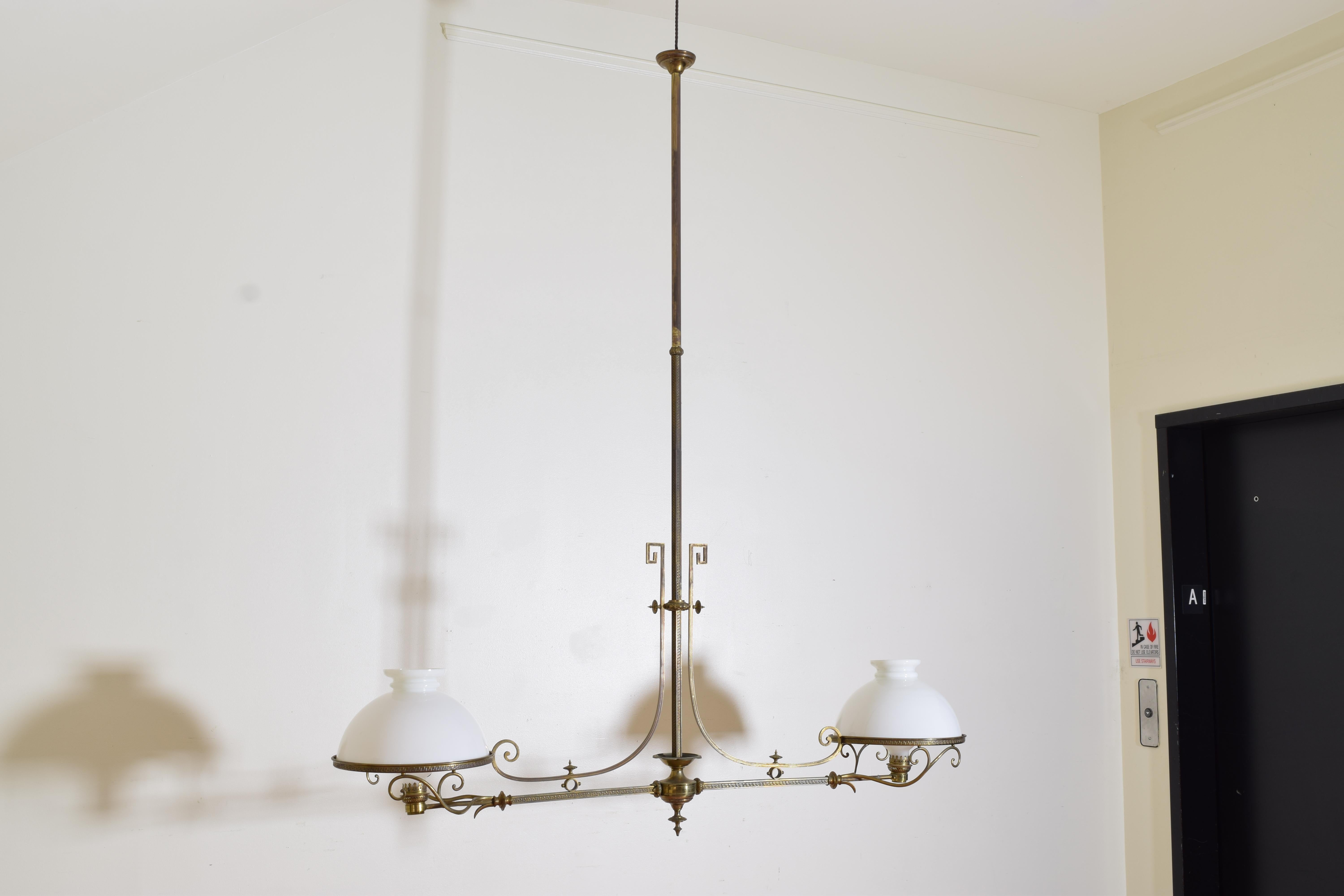 English Early Victorian Brass and Glass 2-Light Billiards Gasolier, ca. 1860 In Good Condition In Atlanta, GA