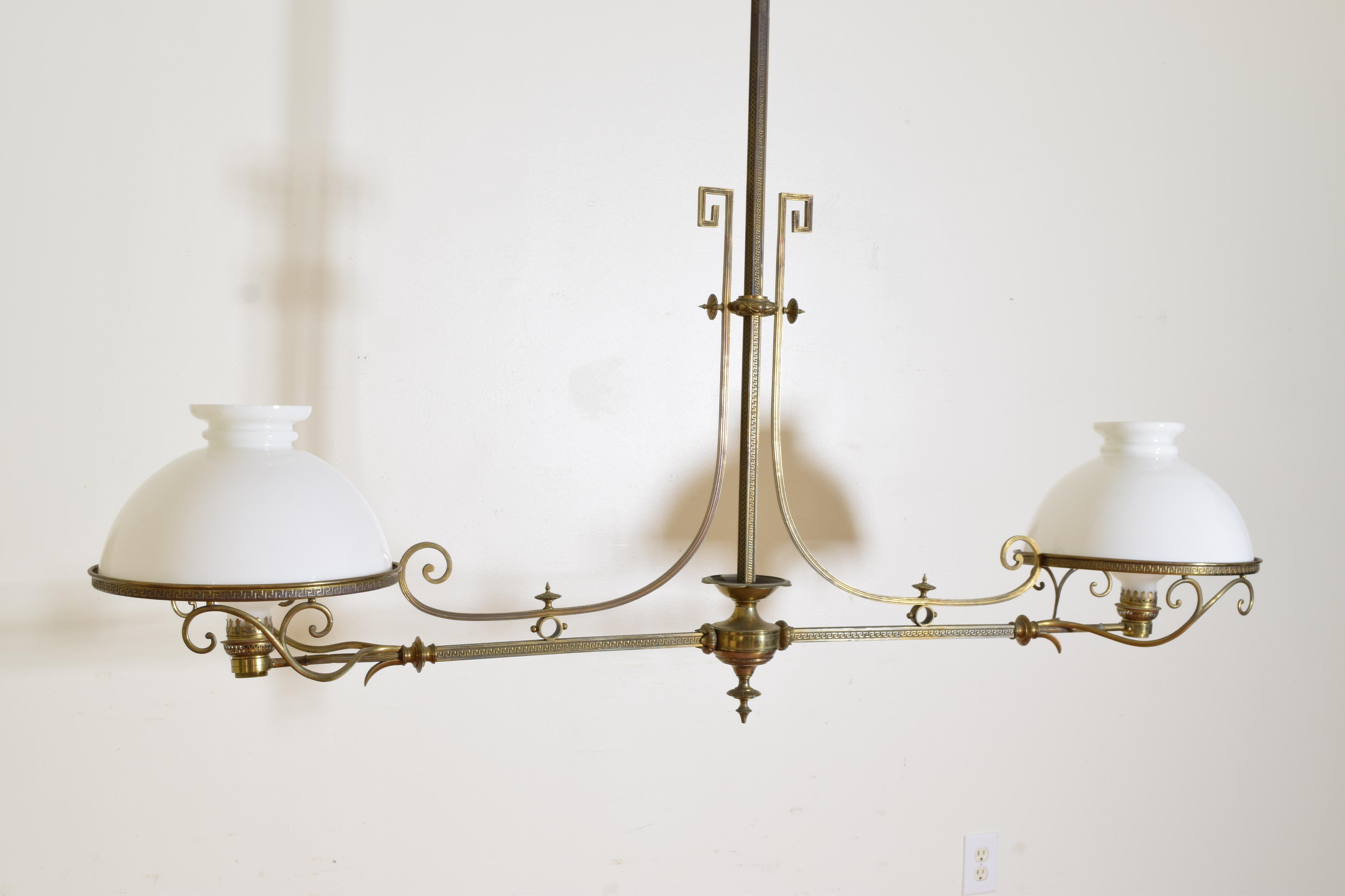 English Early Victorian Brass and Glass 2-Light Billiards Gasolier, ca. 1860 1
