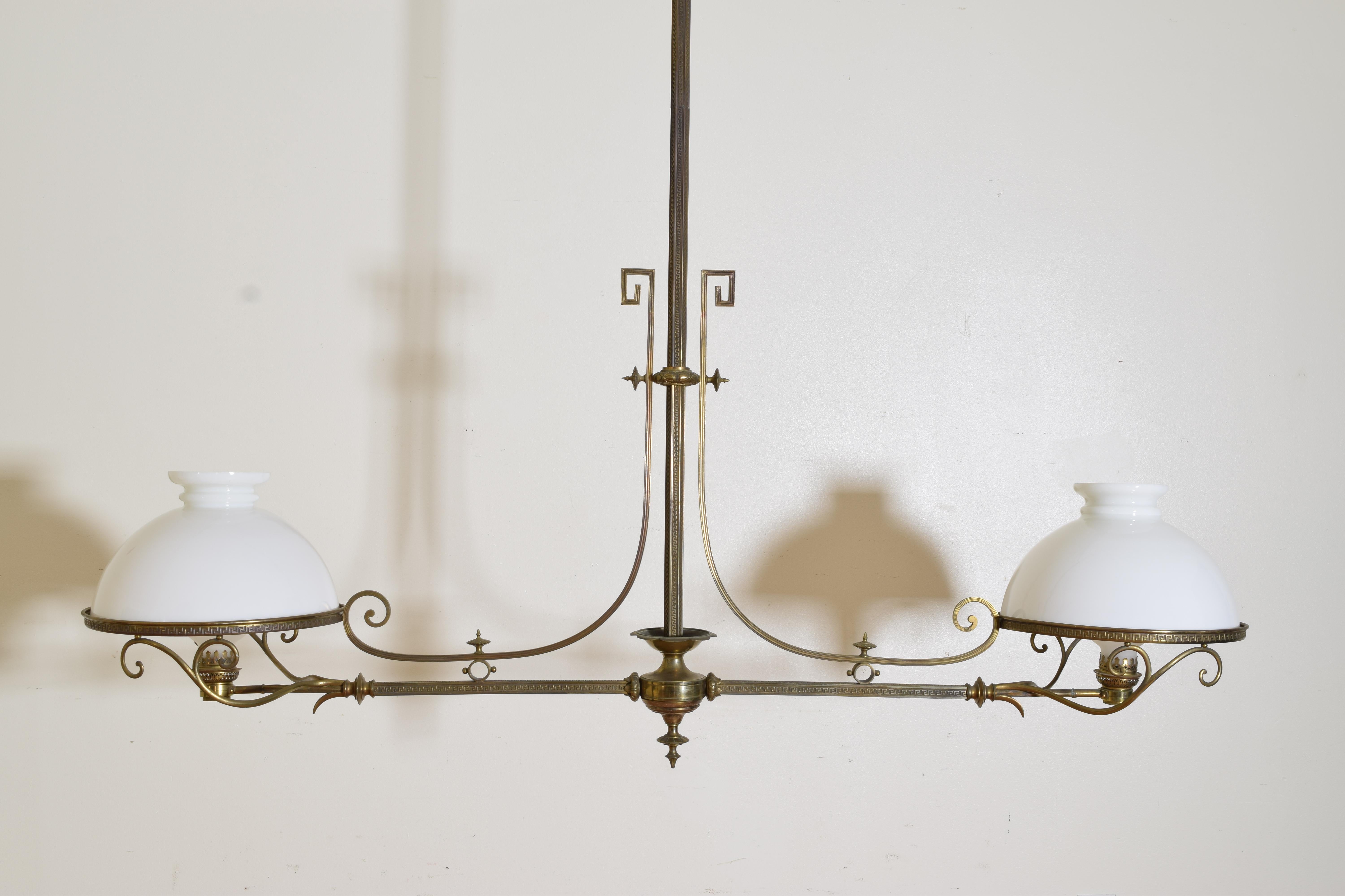 English Early Victorian Brass and Glass 2-Light Billiards Gasolier, ca. 1860 2