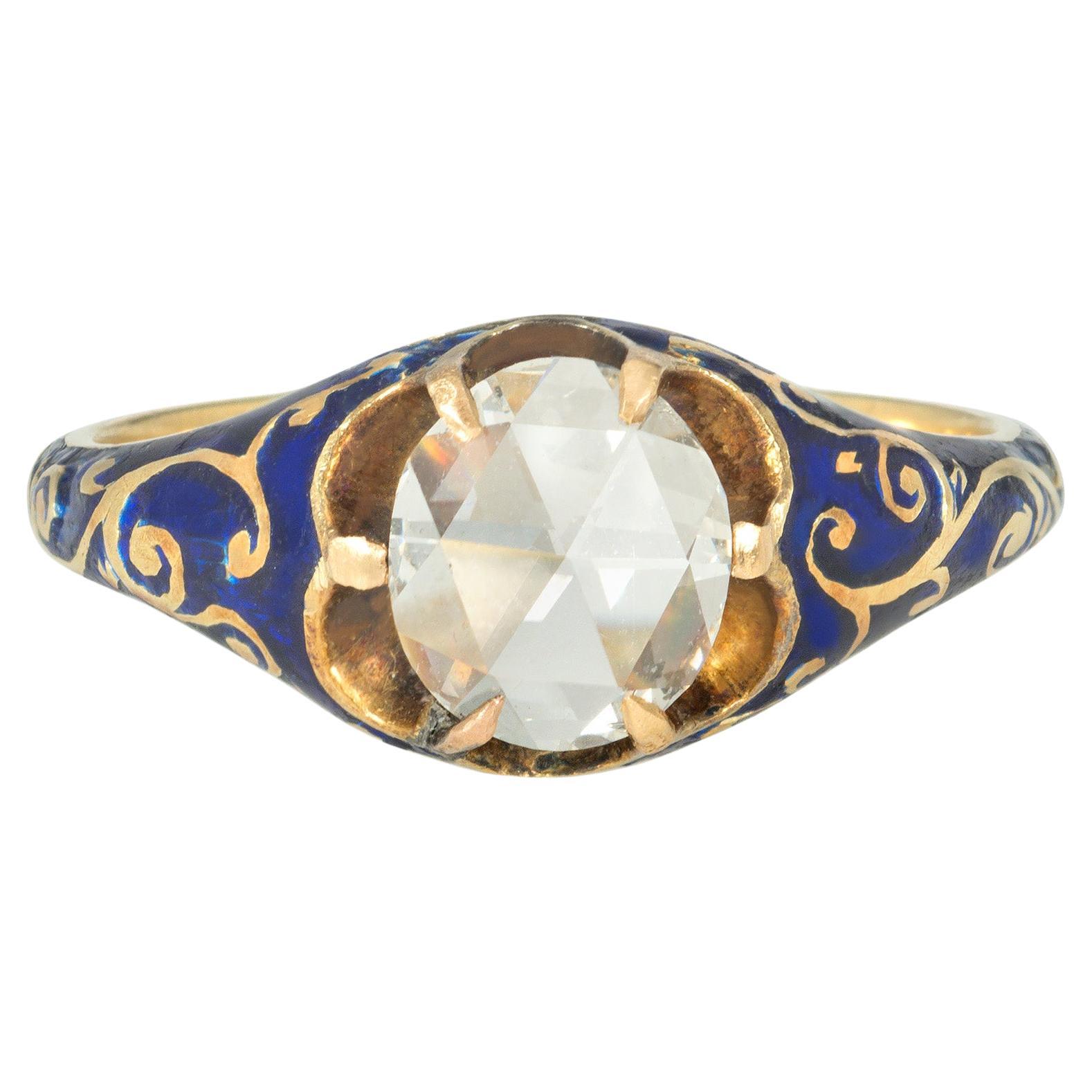 English Early Victorian Gold, Blue Enamel, and Rose-Cut Diamond Ring For Sale