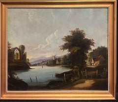 Large 1830's English Oil Painting Tranquil River Landscape with Old Mill