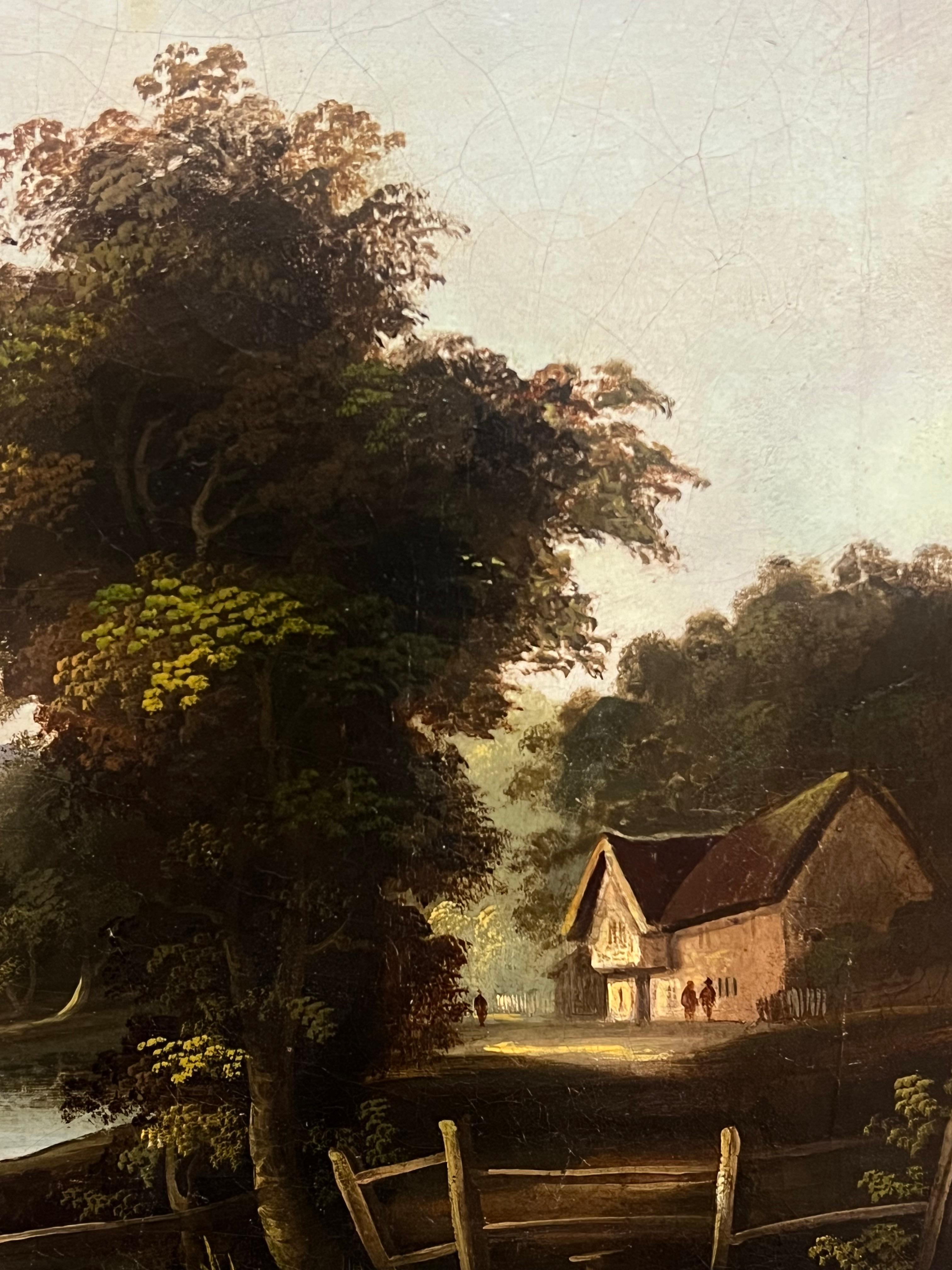 Grande dipinto ad olio inglese del 1830 Paesaggio fluviale tranquillo con vecchio mulino - Painting Vittoriano di English Early Victorian