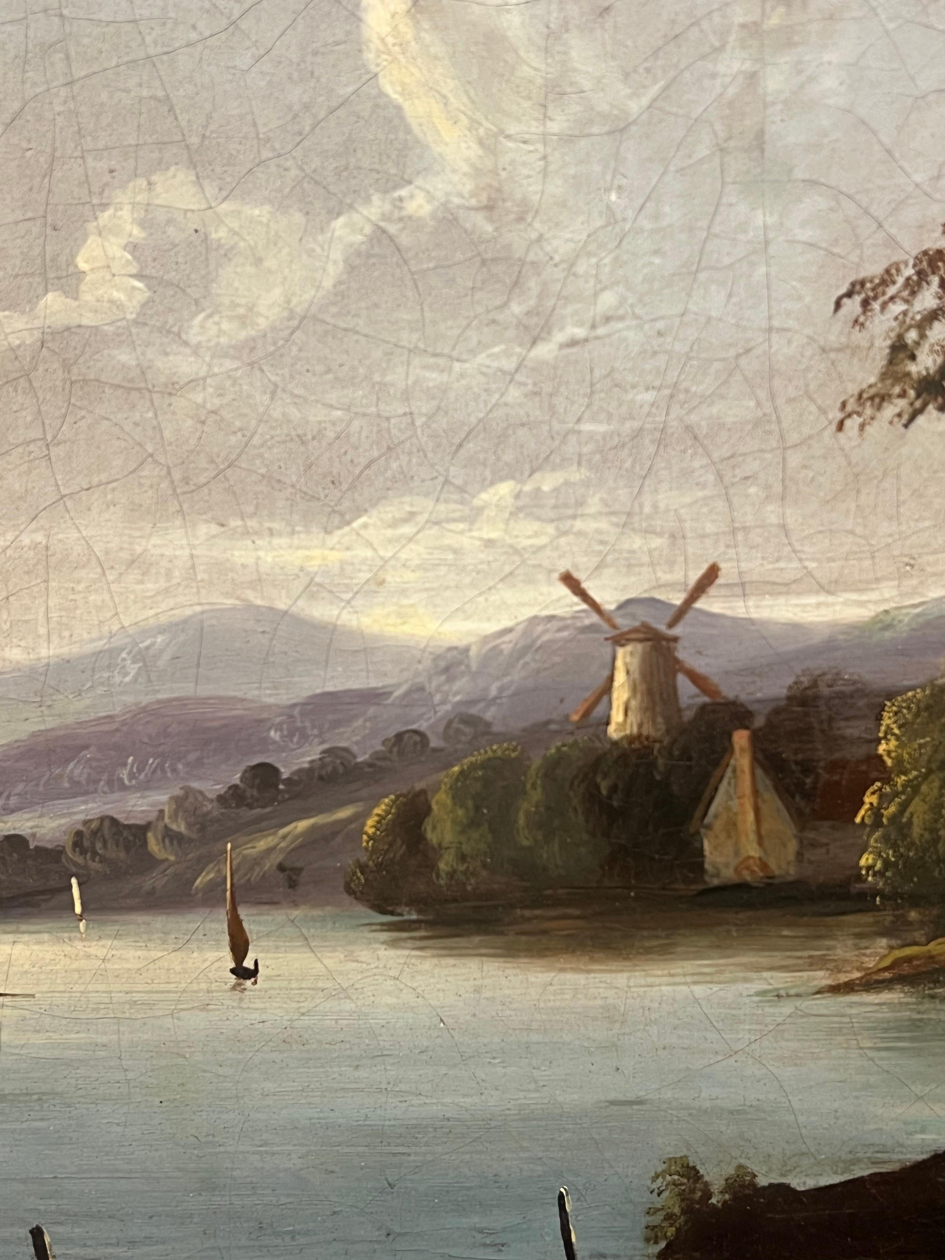 Grande dipinto ad olio inglese del 1830 Paesaggio fluviale tranquillo con vecchio mulino - Landscape Painting Grigio di English Early Victorian