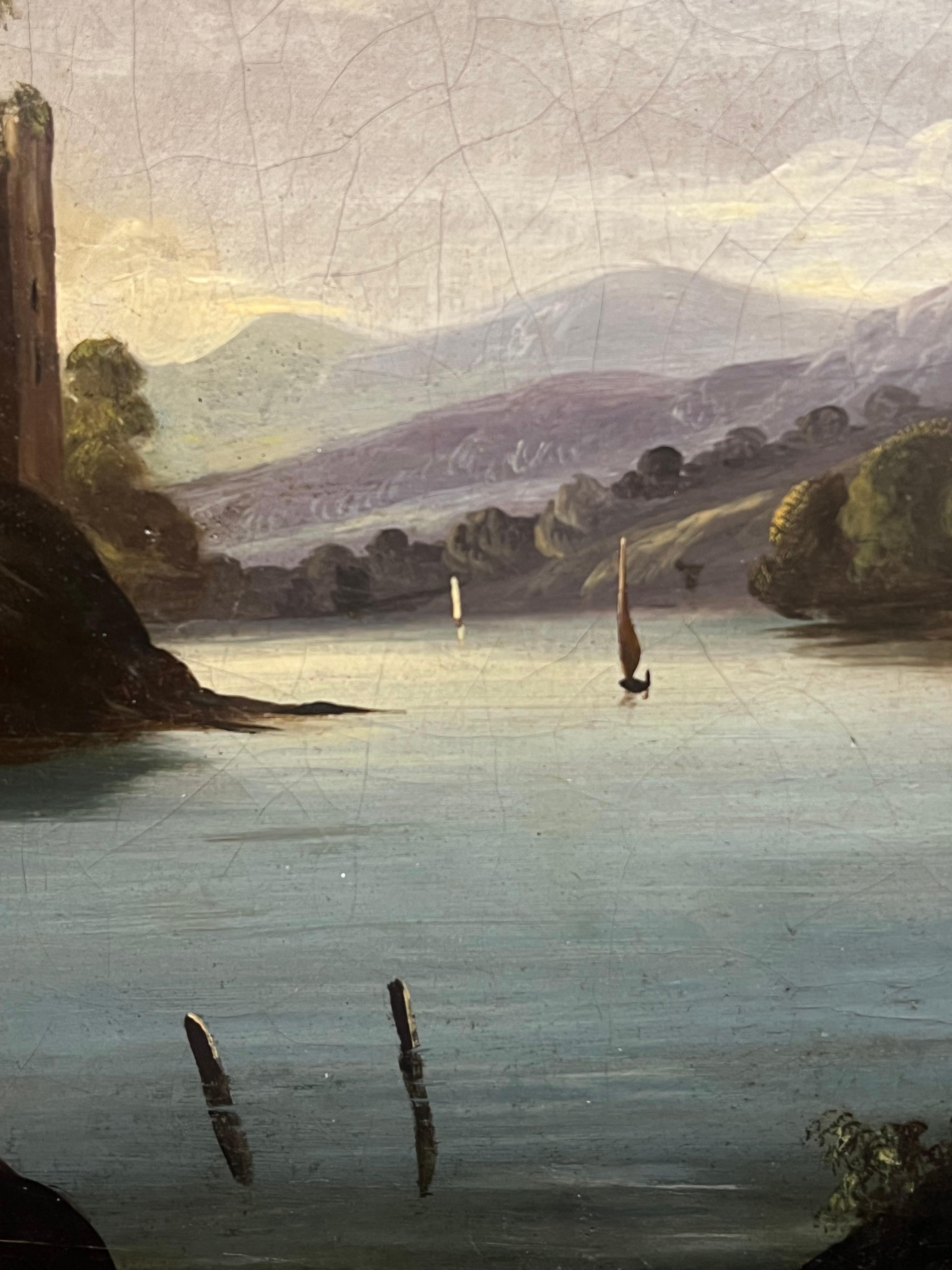Grande dipinto ad olio inglese del 1830 Paesaggio fluviale tranquillo con vecchio mulino in vendita 1