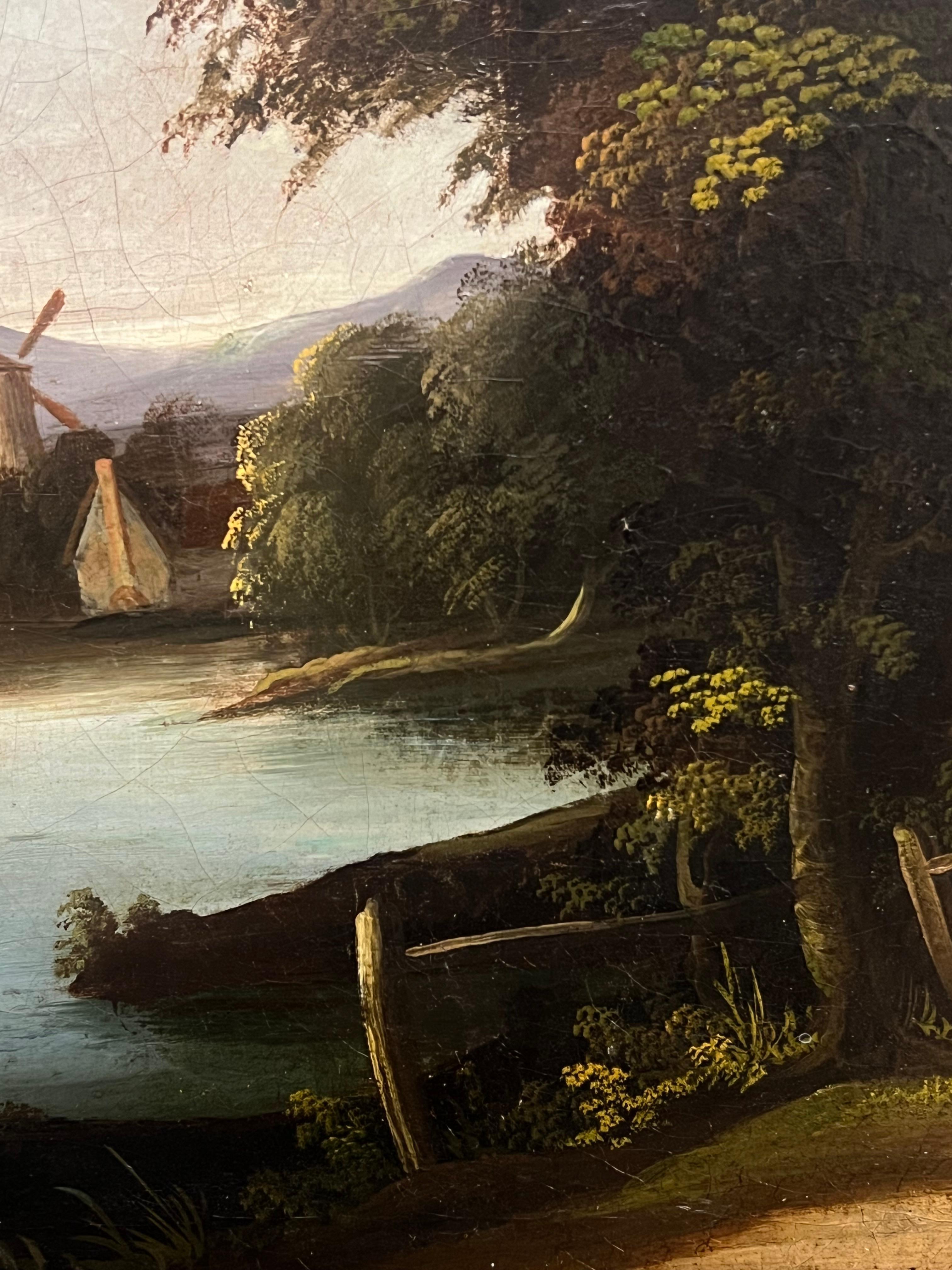 Grande dipinto ad olio inglese del 1830 Paesaggio fluviale tranquillo con vecchio mulino in vendita 2