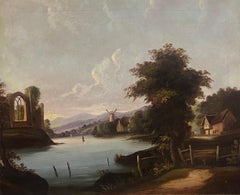 Antique Large 1830's English Oil Painting Tranquil River Landscape with Old Mill