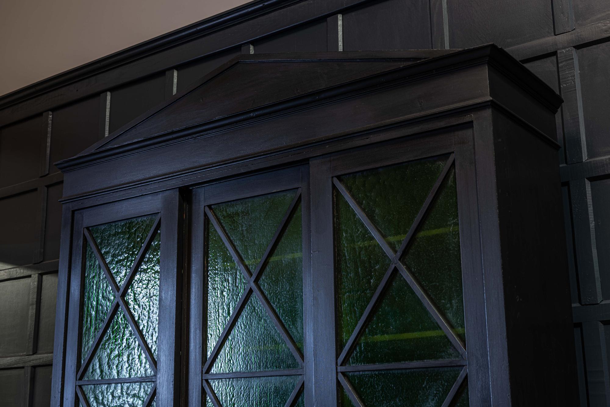 Pine English Ebonized Architectural Glazed Bookcase / Cabinet