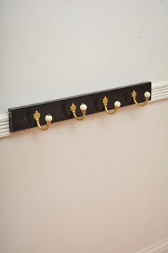 English Ebonised Brass and Ceramic Coat Rack Coat Hooks
