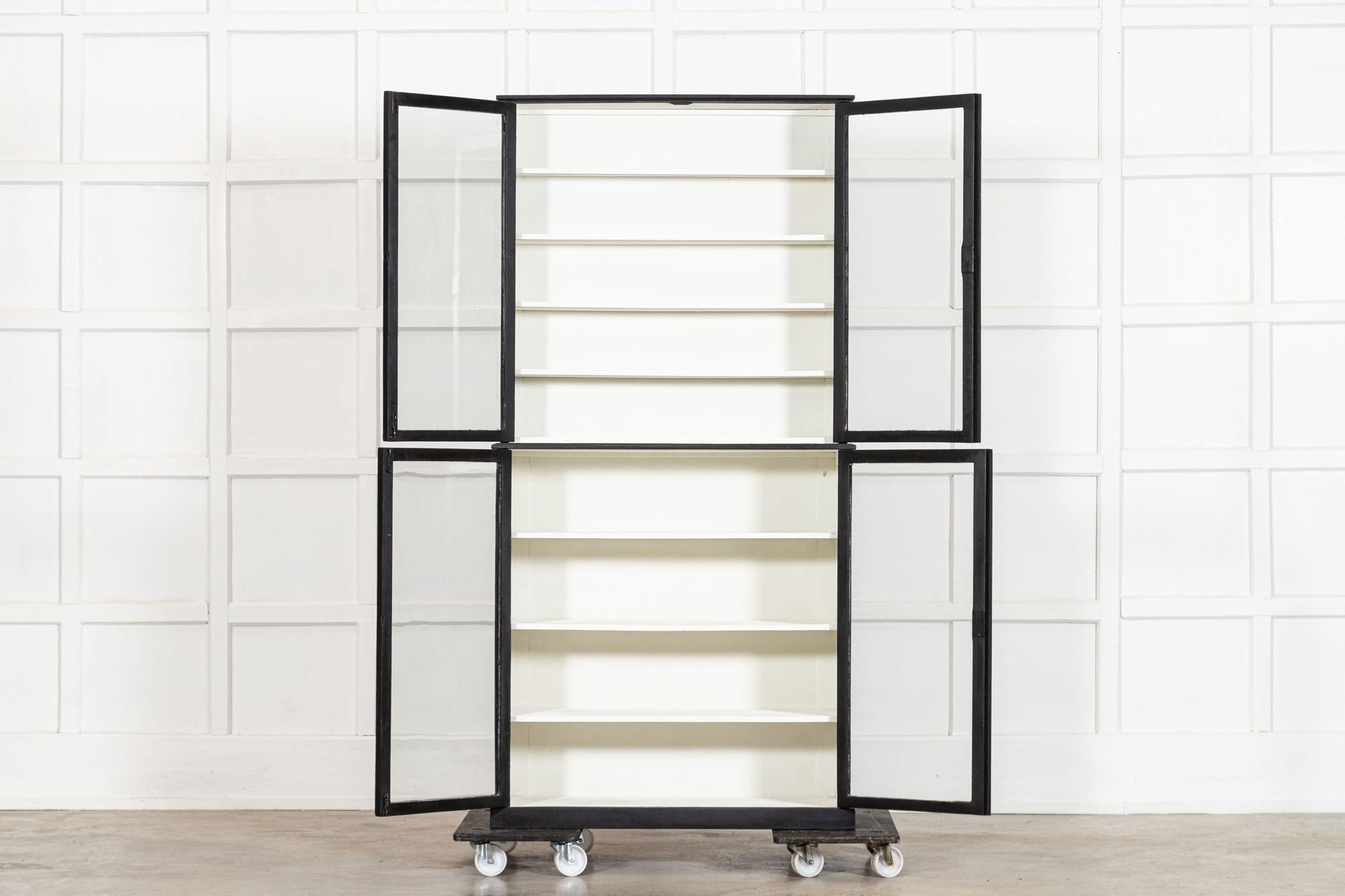 sku 1291
English Ebonised Glazed Shop Display Cabinet / Vitrine
Cupboard is one piece
W86 x D33.5 x H174.5 cm
Base internal shelf depth29.5 cm
Top internal shelf depth 15 cm
Weight 35Kg