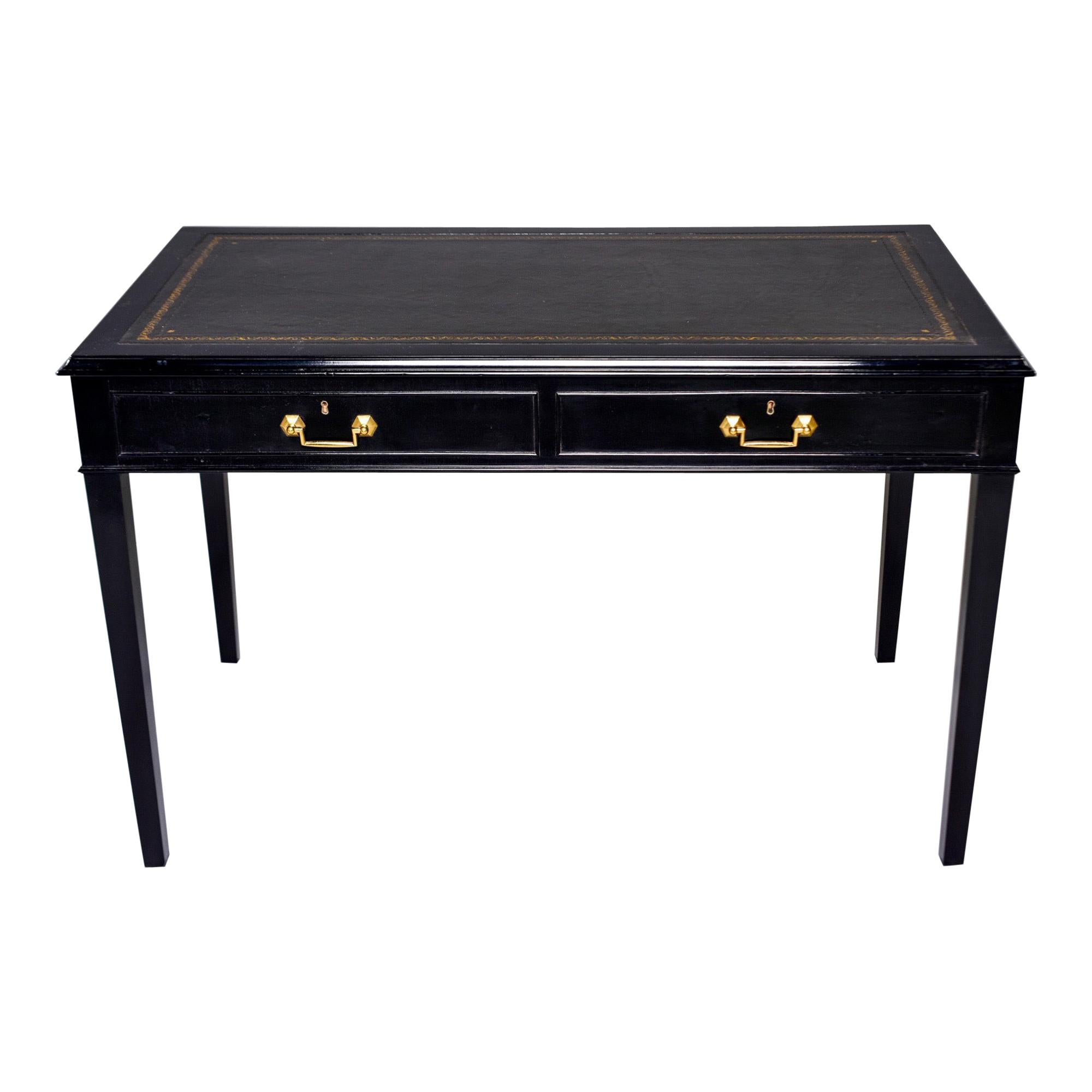 English Ebonised Partners Two Drawer Desk with Black Leather Top