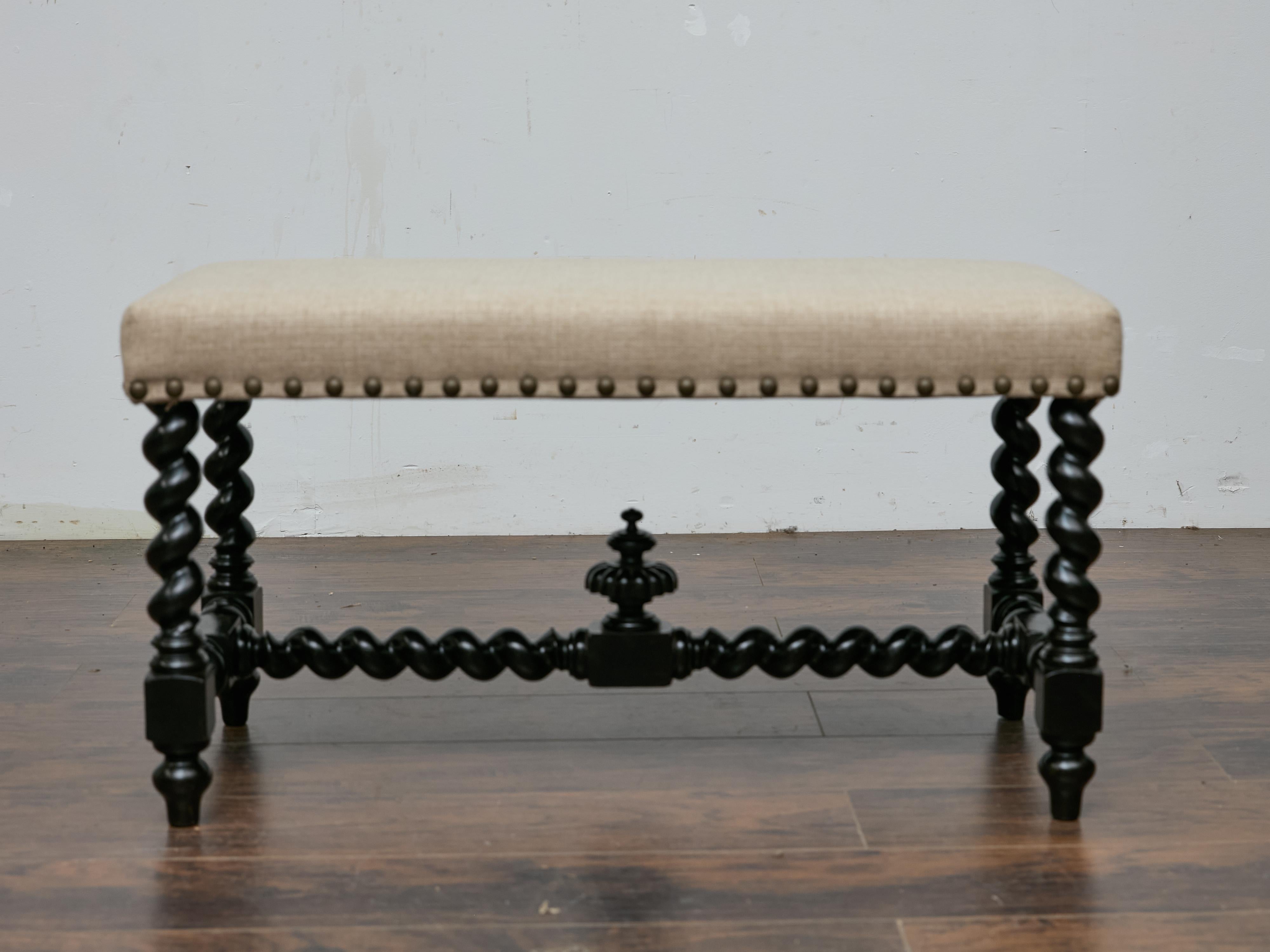 Englische Ebonized Barley Twist Bench, um 1900 mit Leinenpolsterung im Angebot 3