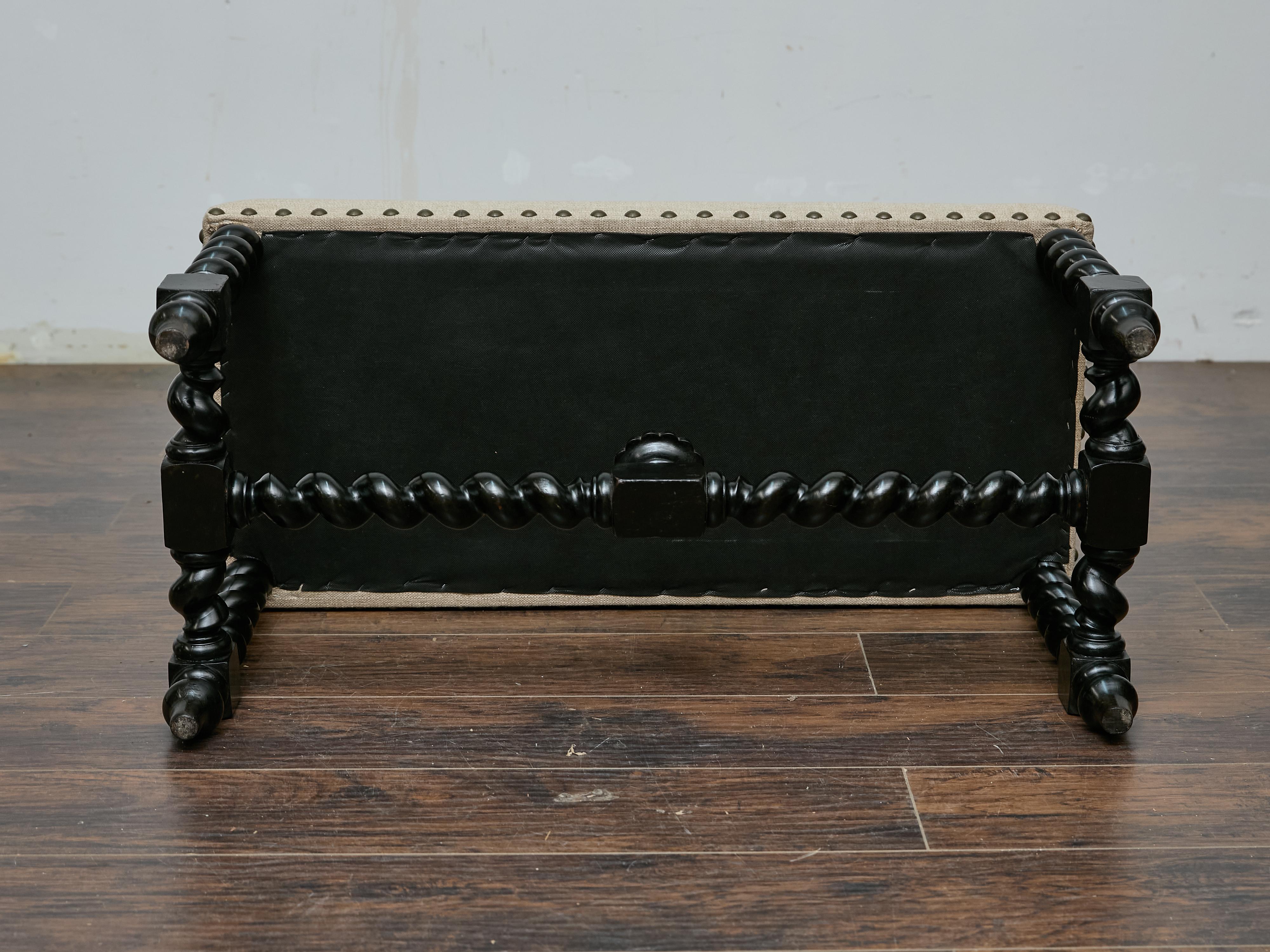 Englische Ebonized Barley Twist Bench, um 1900 mit Leinenpolsterung im Angebot 5