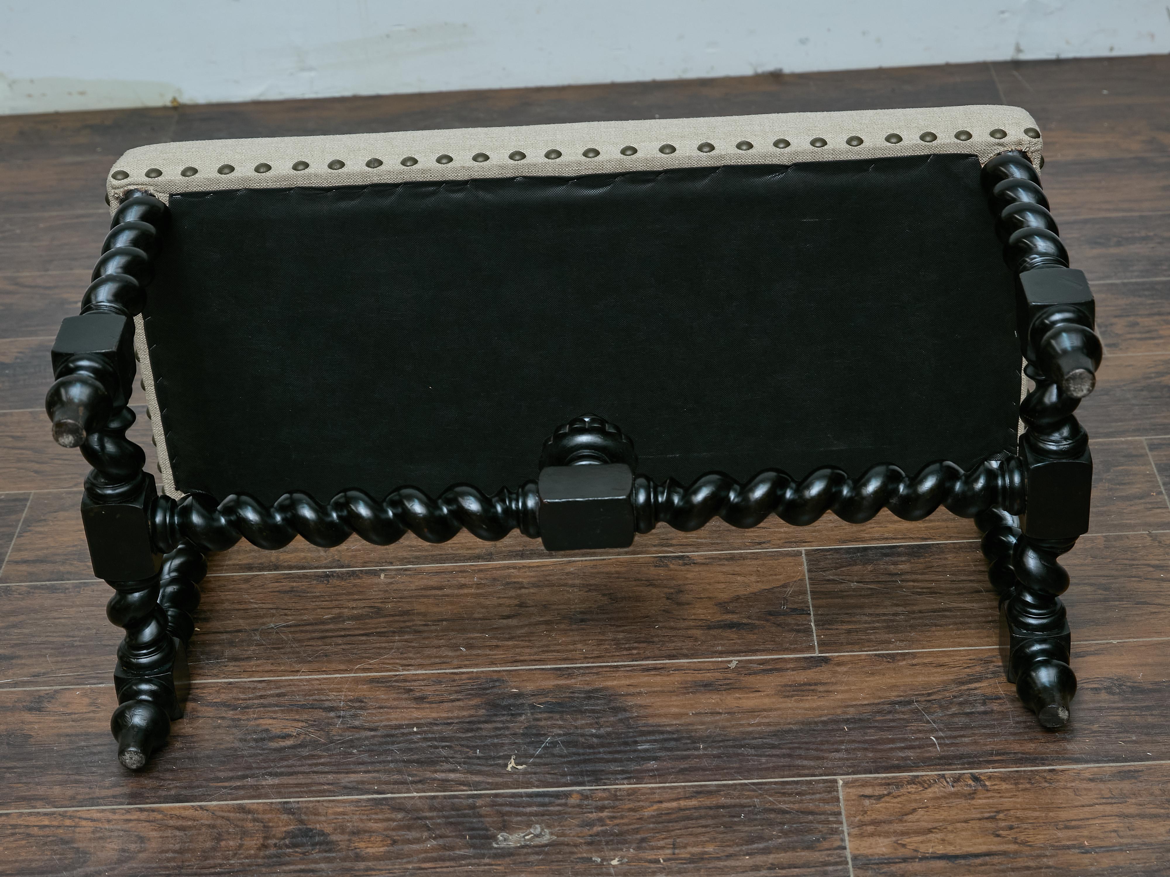 Englische Ebonized Barley Twist Bench, um 1900 mit Leinenpolsterung im Angebot 6